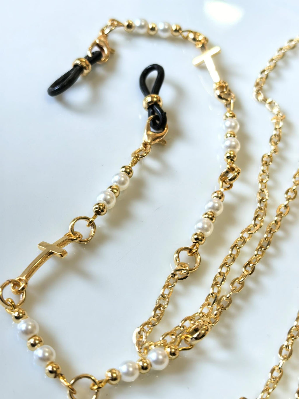 Eyeglass Chain-Cross Charm Gold Plated and Pearly Chain- THINBLACK®