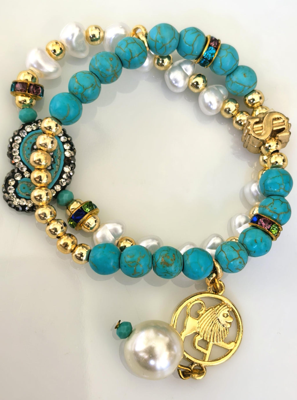 Bracelet – Leo Zodiac Turquoise, Pearl & Gold Talisman – ThinBlack® Zodiac Collection