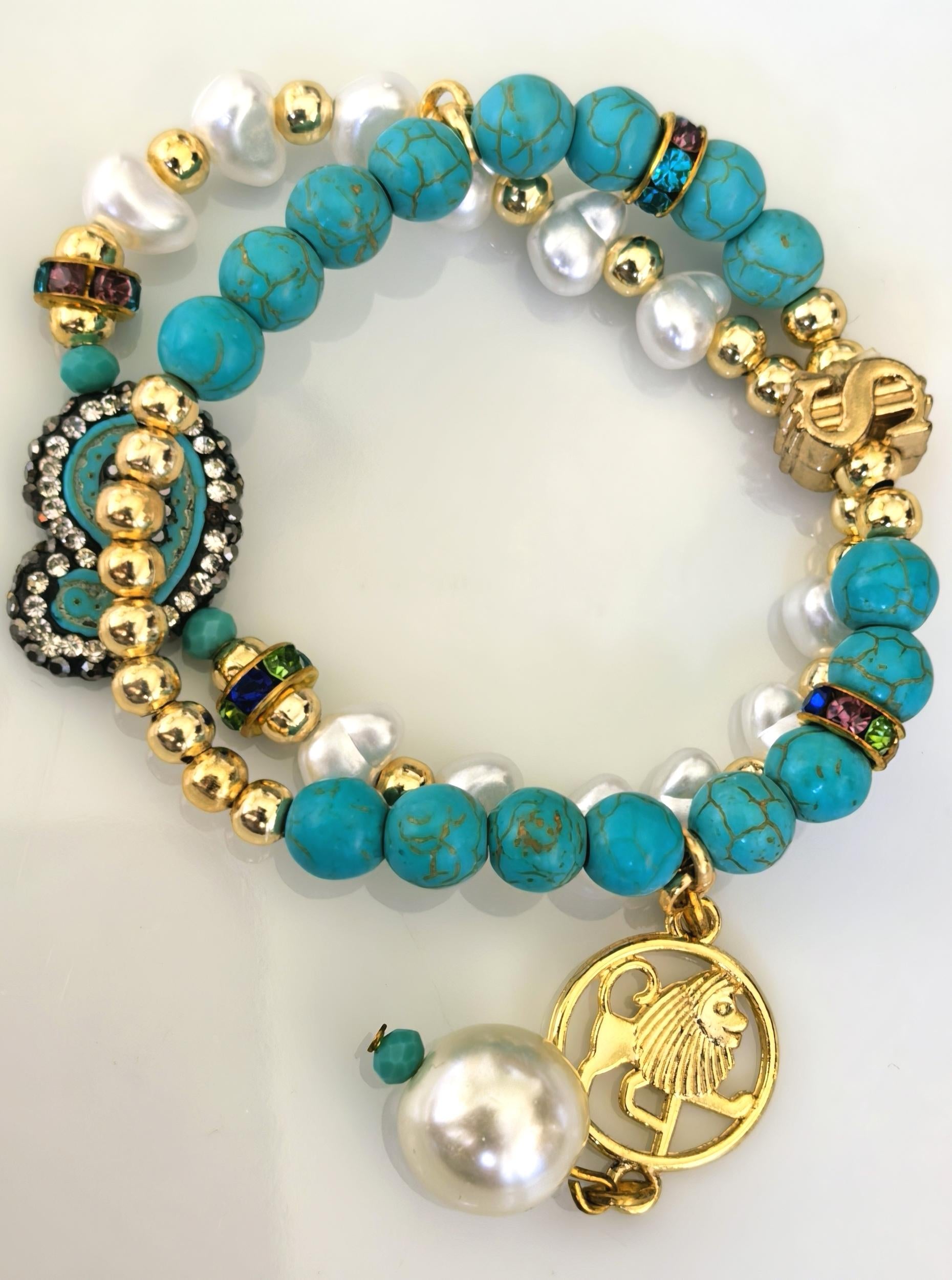 Bracelet – Leo Zodiac Turquoise, Pearl & Gold Talisman – ThinBlack® Zodiac Collection