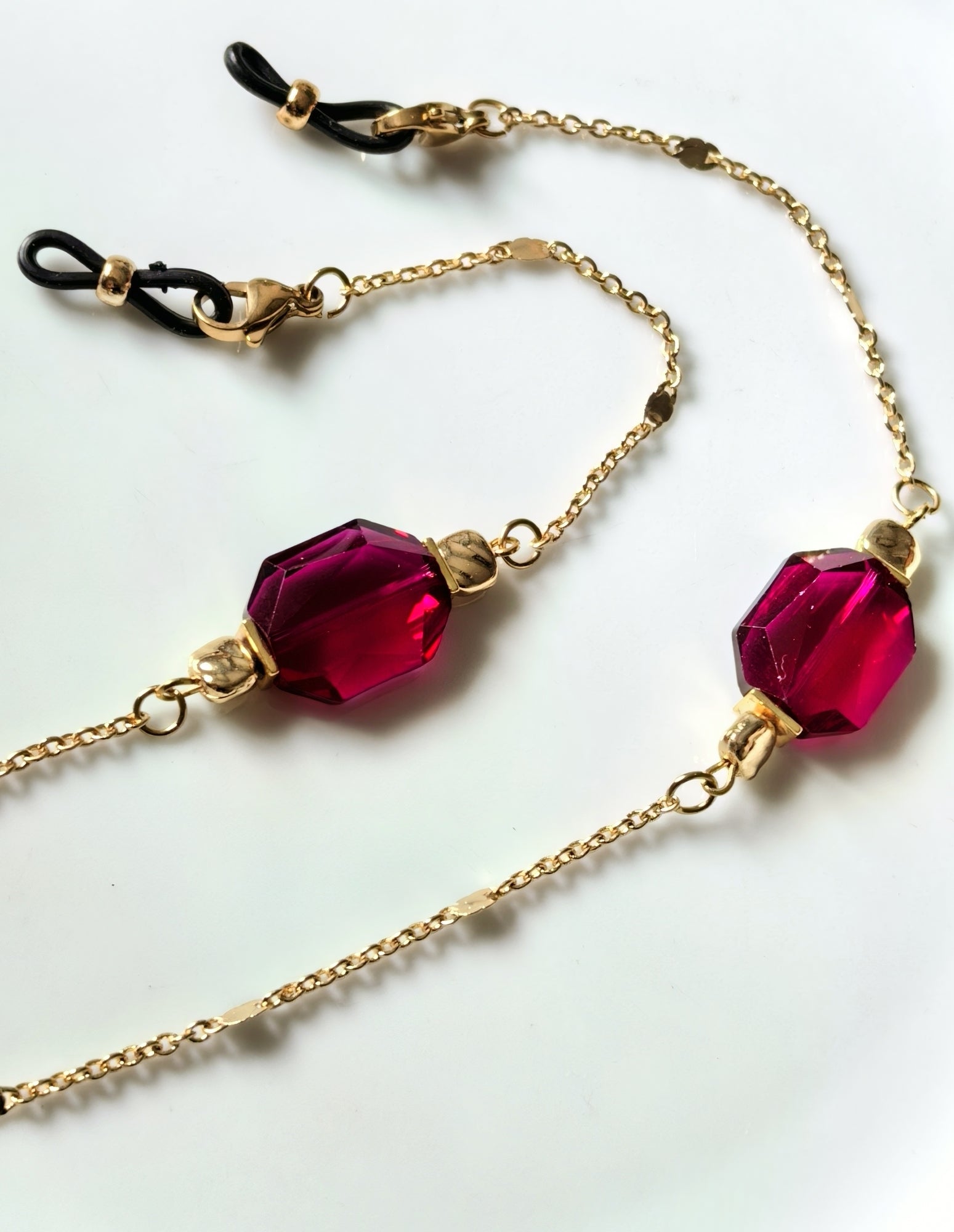 Gözlük Zinciri Altın Kaplama Zincirli Ruby Kırmızısı Kristal Taş Boncuklu | THINBLACK® Exclusive