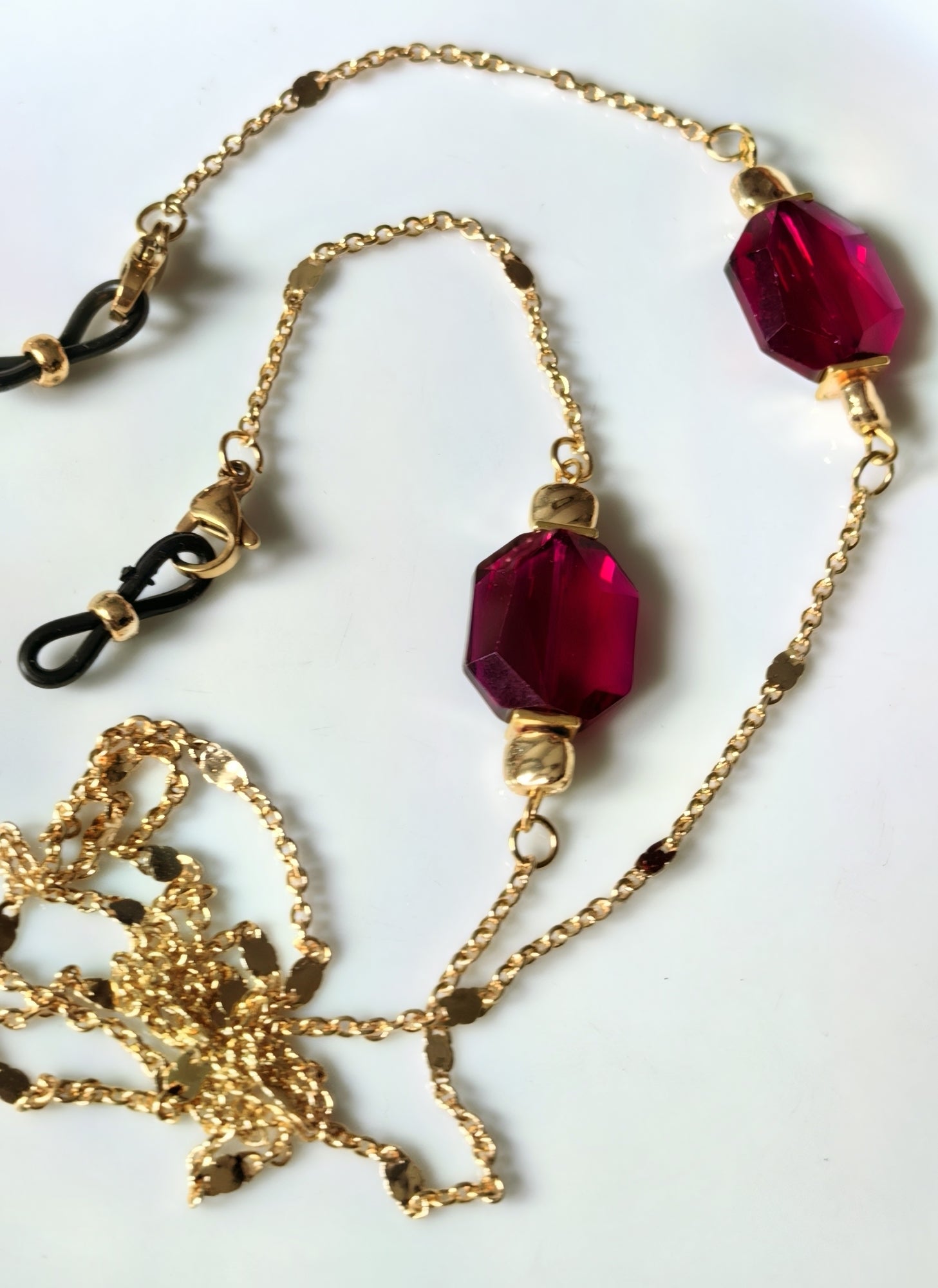 Gözlük Zinciri Altın Kaplama Zincirli Ruby Kırmızısı Kristal Taş Boncuklu | THINBLACK® Exclusive