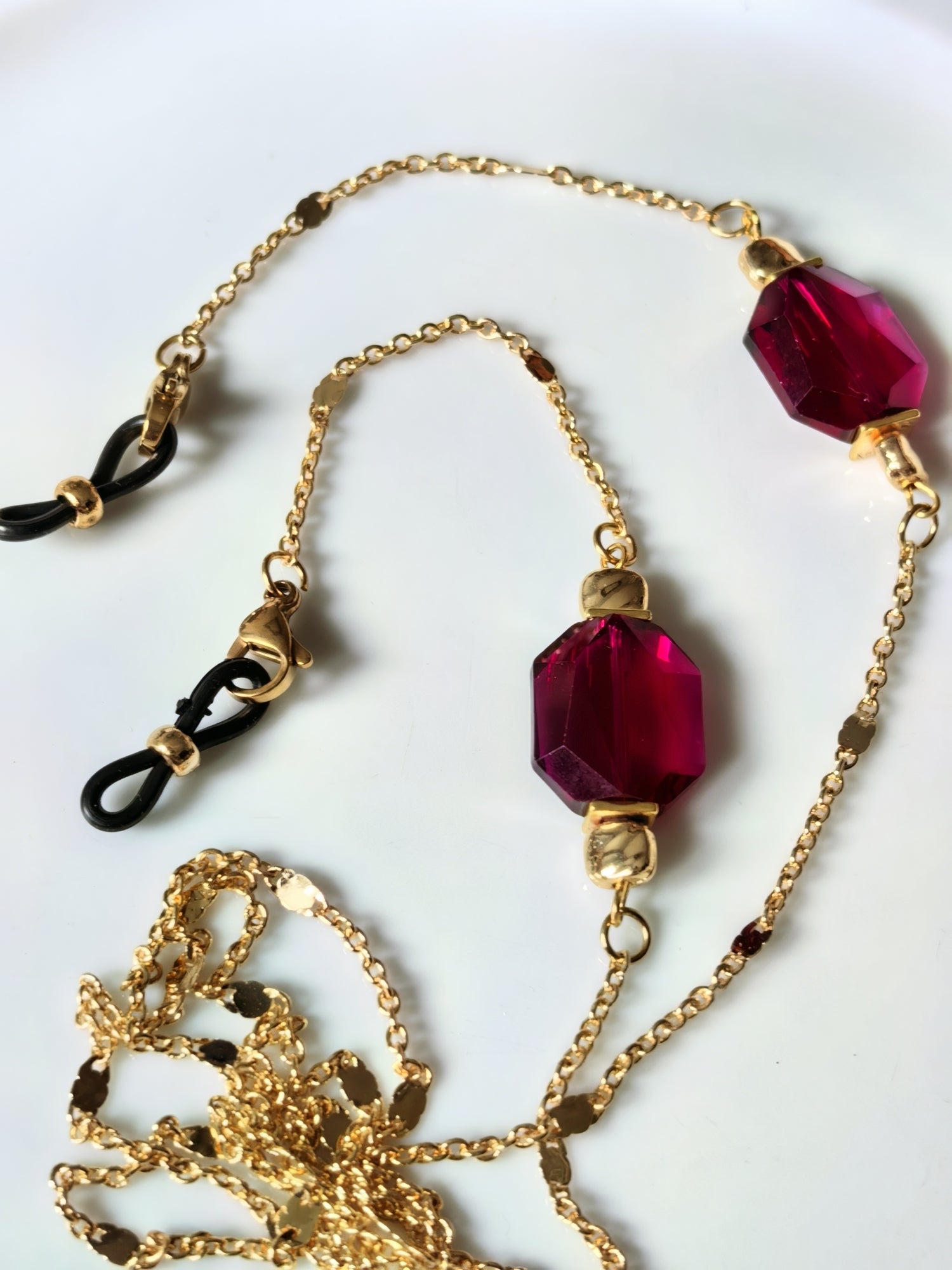 Gözlük Zinciri Altın Kaplama Zincirli Ruby Kırmızısı Kristal Taş Boncuklu | THINBLACK® Exclusive