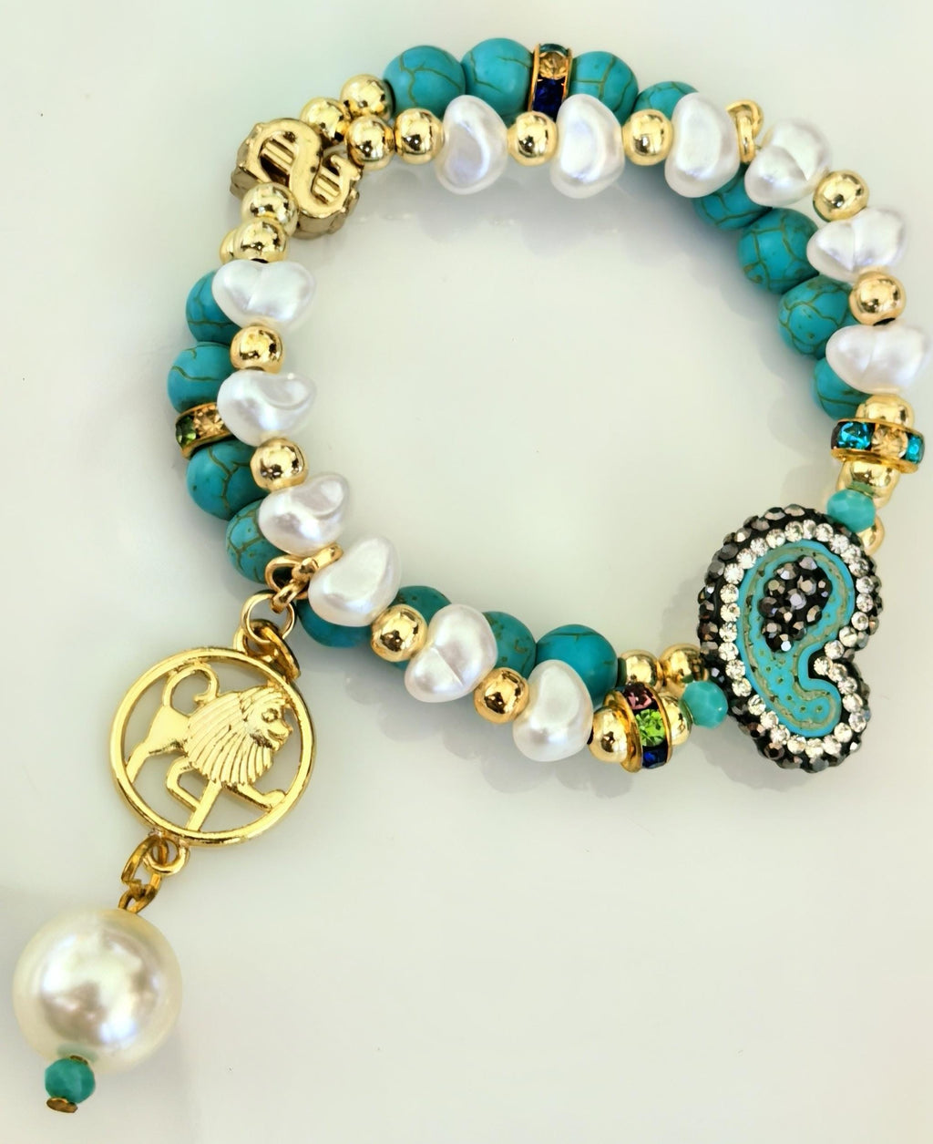 Bracelet – Leo Zodiac Turquoise, Pearl & Gold Talisman – ThinBlack® Zodiac Collection
