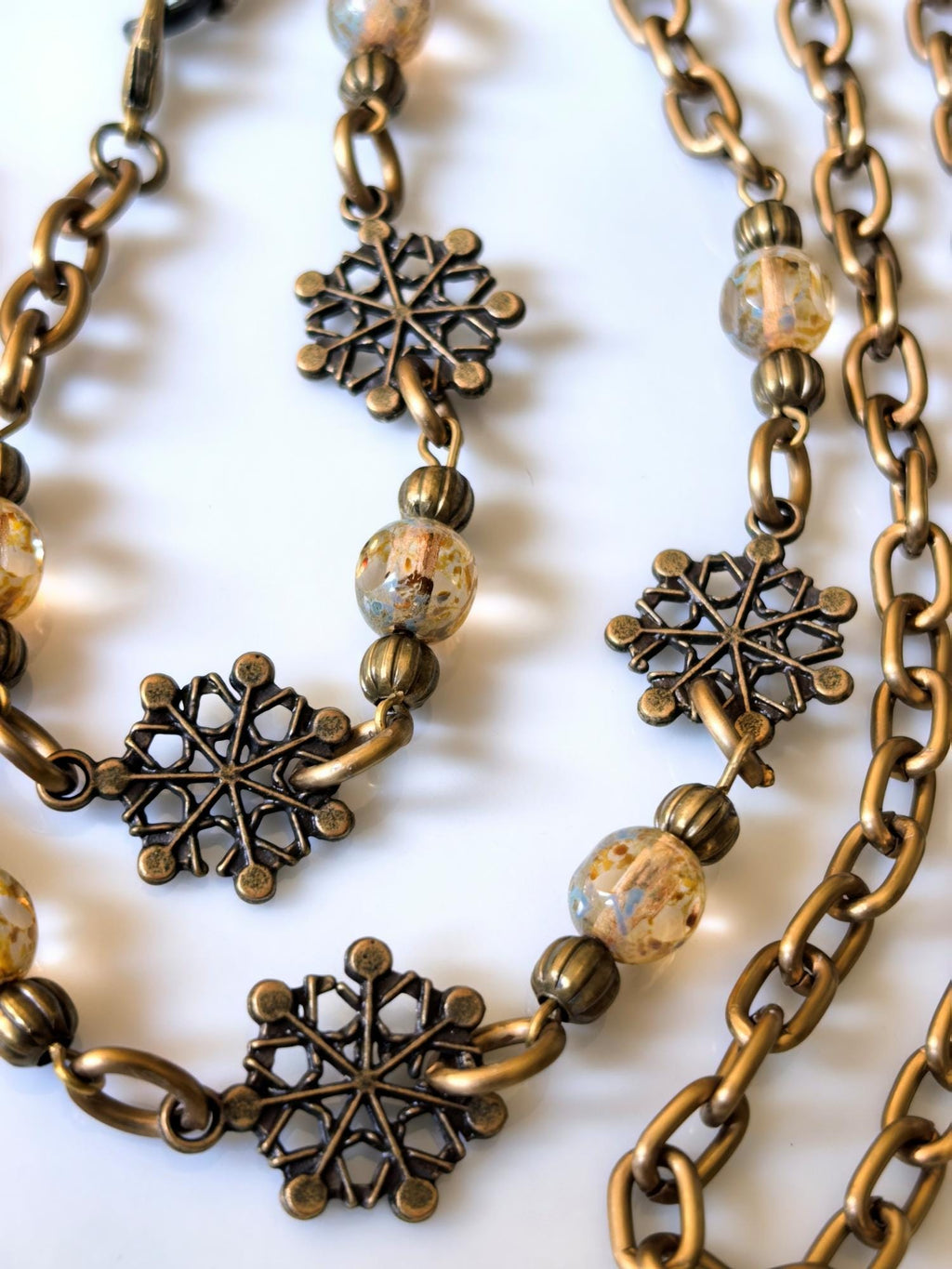 Snowflake Elegance Eyeglass Chain – Antique Gold Handmade Jewelry