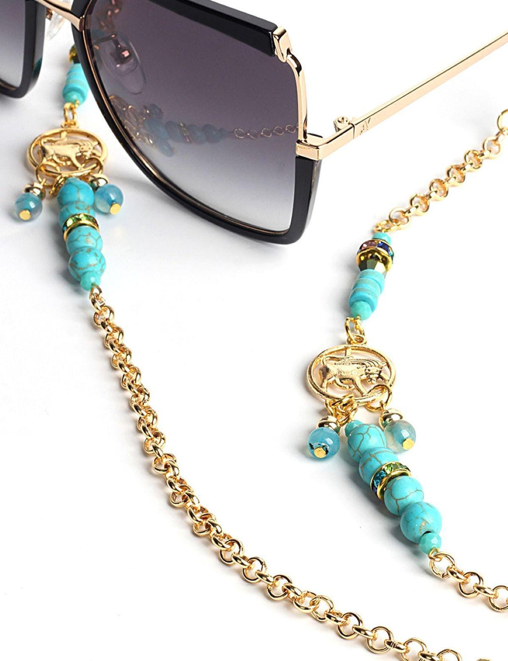 Glasses Chain – Taurus Zodiac Edition with Turquoise & Blue Agate – Gold Plated – ThinBlack® Zodiac Collection