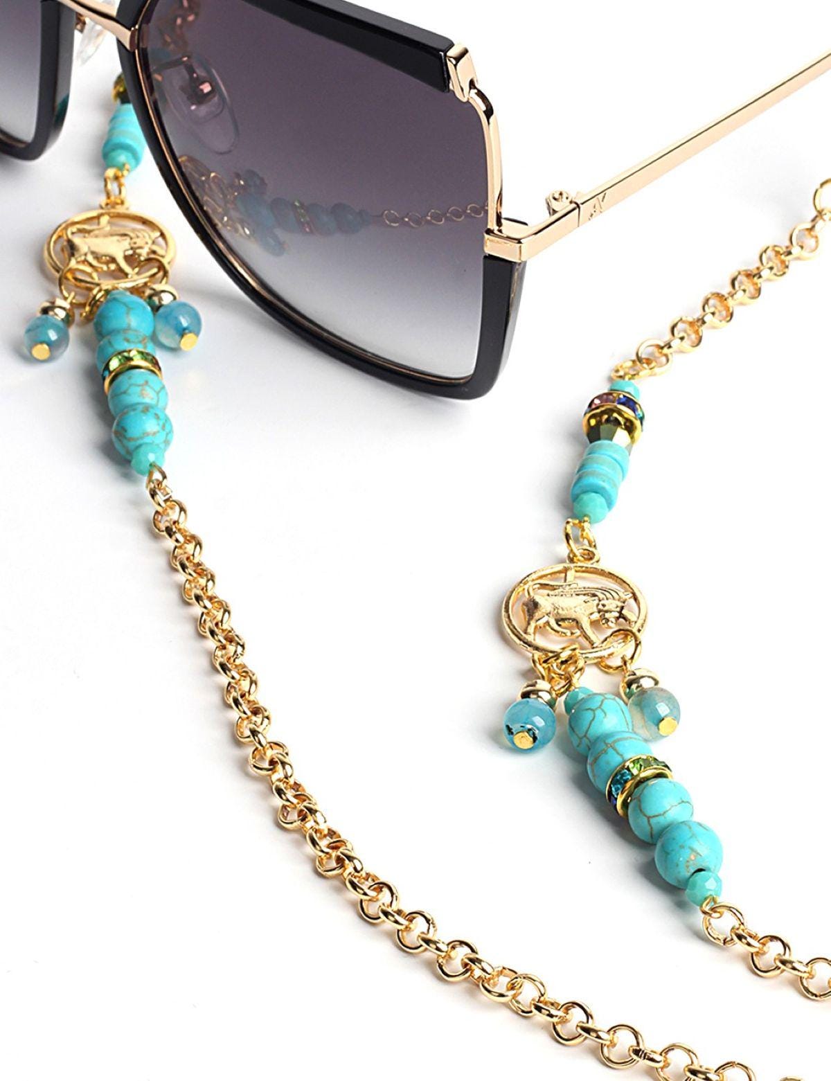 Glasses Chain – Taurus Zodiac Edition with Turquoise & Blue Agate – Gold Plated – ThinBlack® Zodiac Collection