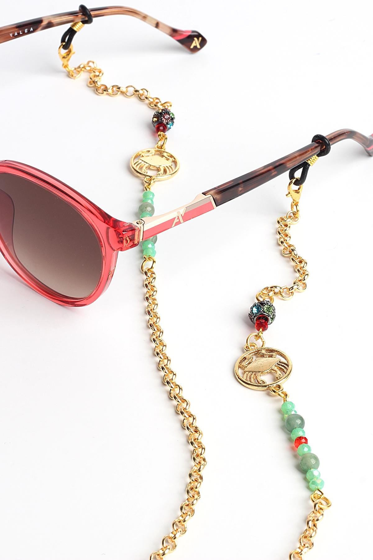 Glasses Chain – Cancer Zodiac Edition with Aquamarine Gemstones – Gold Plated – ThinBlack® Zodiac Collection