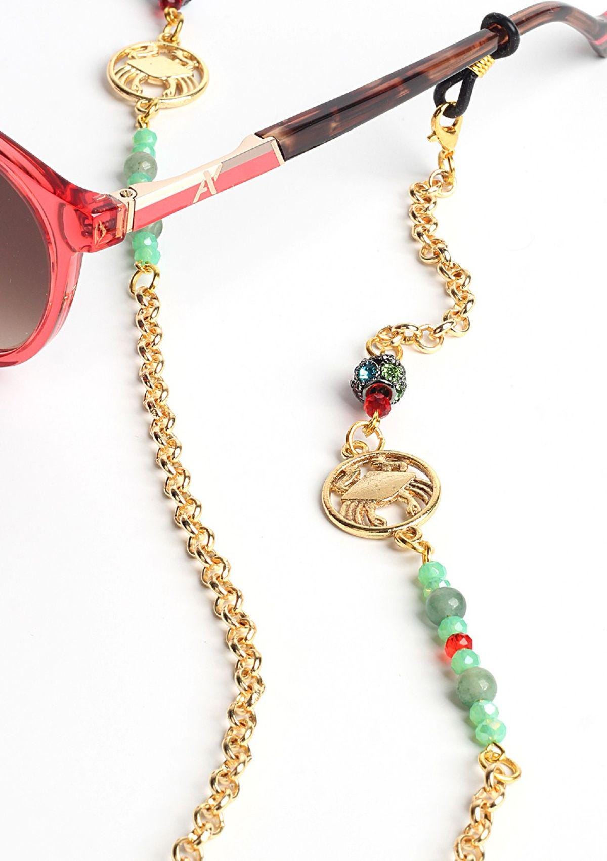Glasses Chain – Cancer Zodiac Edition with Aquamarine Gemstones – Gold Plated – ThinBlack® Zodiac Collection