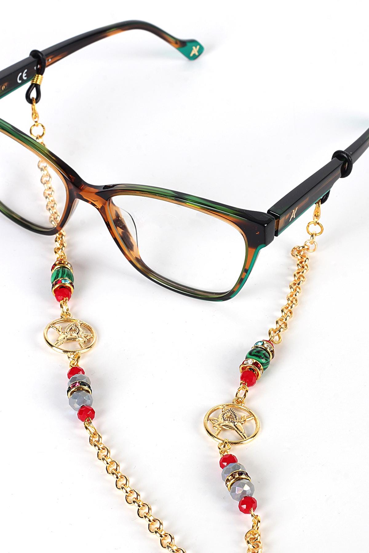 Glasses Chain – Capricorn Zodiac Edition with Malachite Stones – Gold Plated – ThinBlack® Zodiac Collection