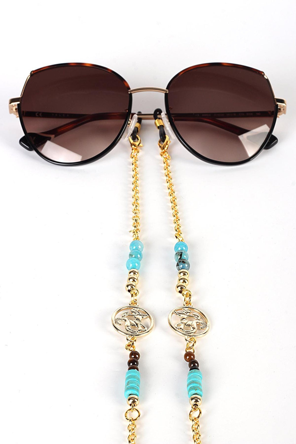 Glasses Chain – Sagittarius Zodiac Jewelry, Gold Plated with Tiger’s Eye & Blue Agate