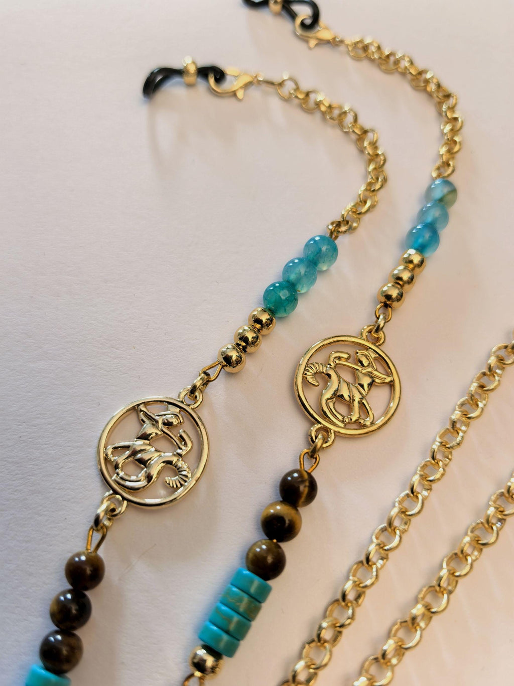 Glasses Chain – Sagittarius Zodiac Jewelry, Gold Plated with Tiger’s Eye & Blue Agate