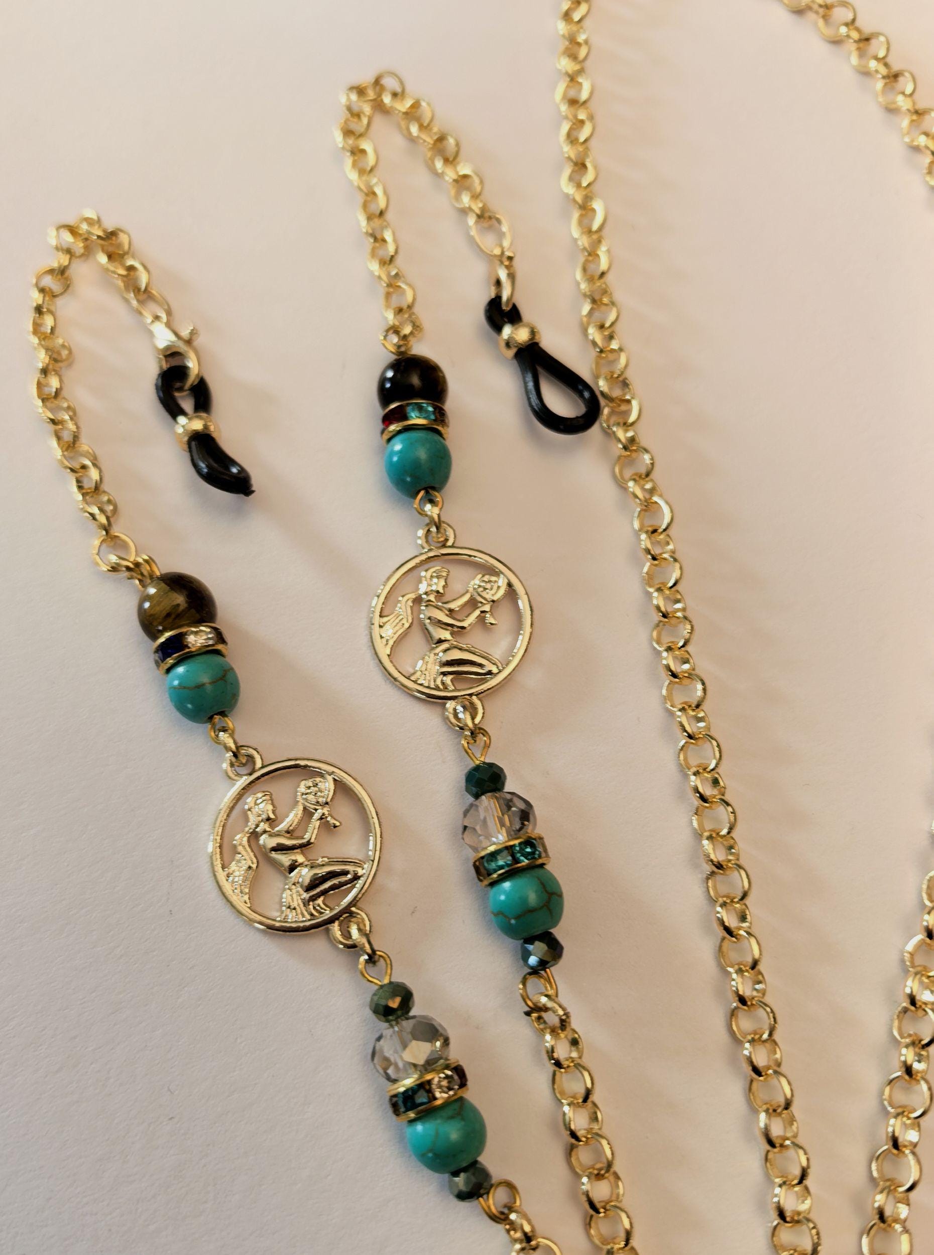 Glasses Chain – Gold Plated Virgo Eyewear Strap with Tiger’s Eye & Turquoise