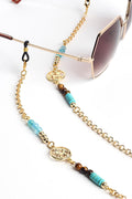 Glasses Chain – Sagittarius Zodiac Jewelry, Gold Plated with Tiger’s Eye & Blue Agate