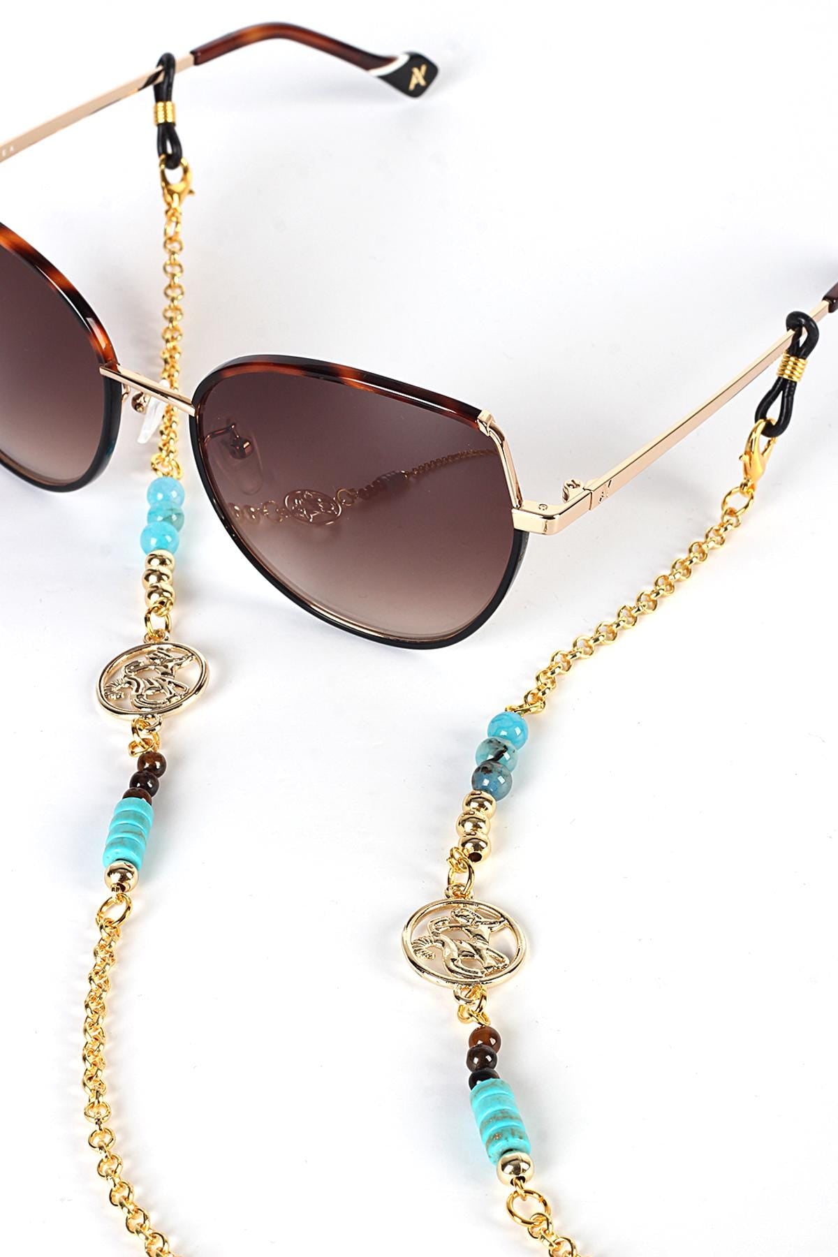 Glasses Chain – Sagittarius Zodiac Jewelry, Gold Plated with Tiger’s Eye & Blue Agate