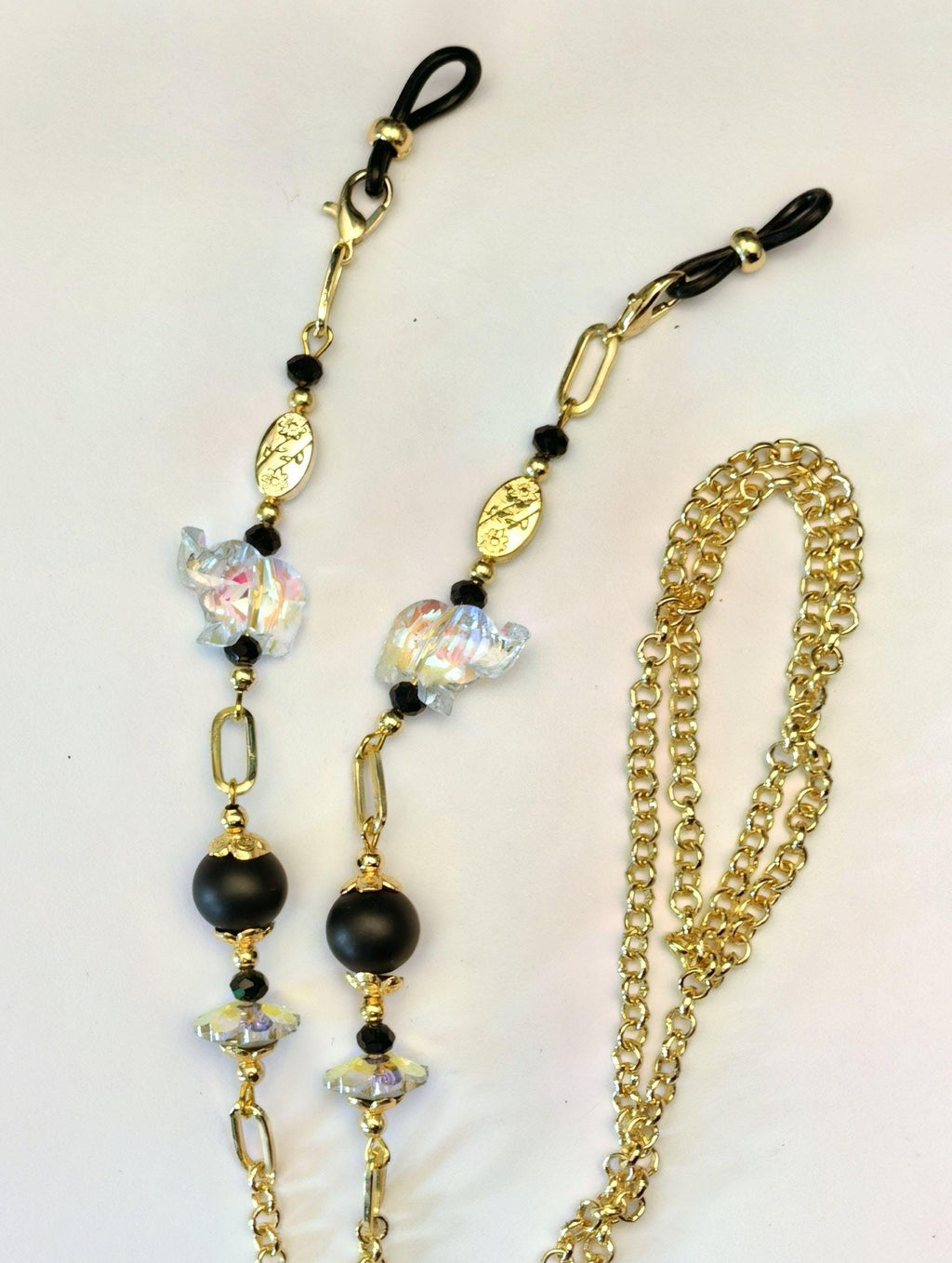 Glasses Chain – Handmade Onyx & Crystal with Elephant Talisman – Gold Plated – ThinBlack® Symbolic Edition