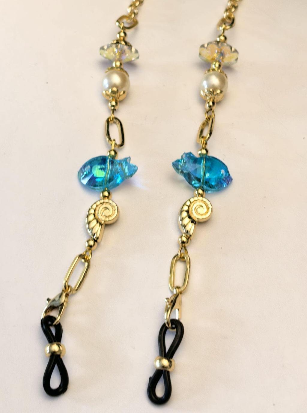 Glasses Chain – Blue Crystal Fish with Pearl & Gold Plated Accents – Power Stones Collection