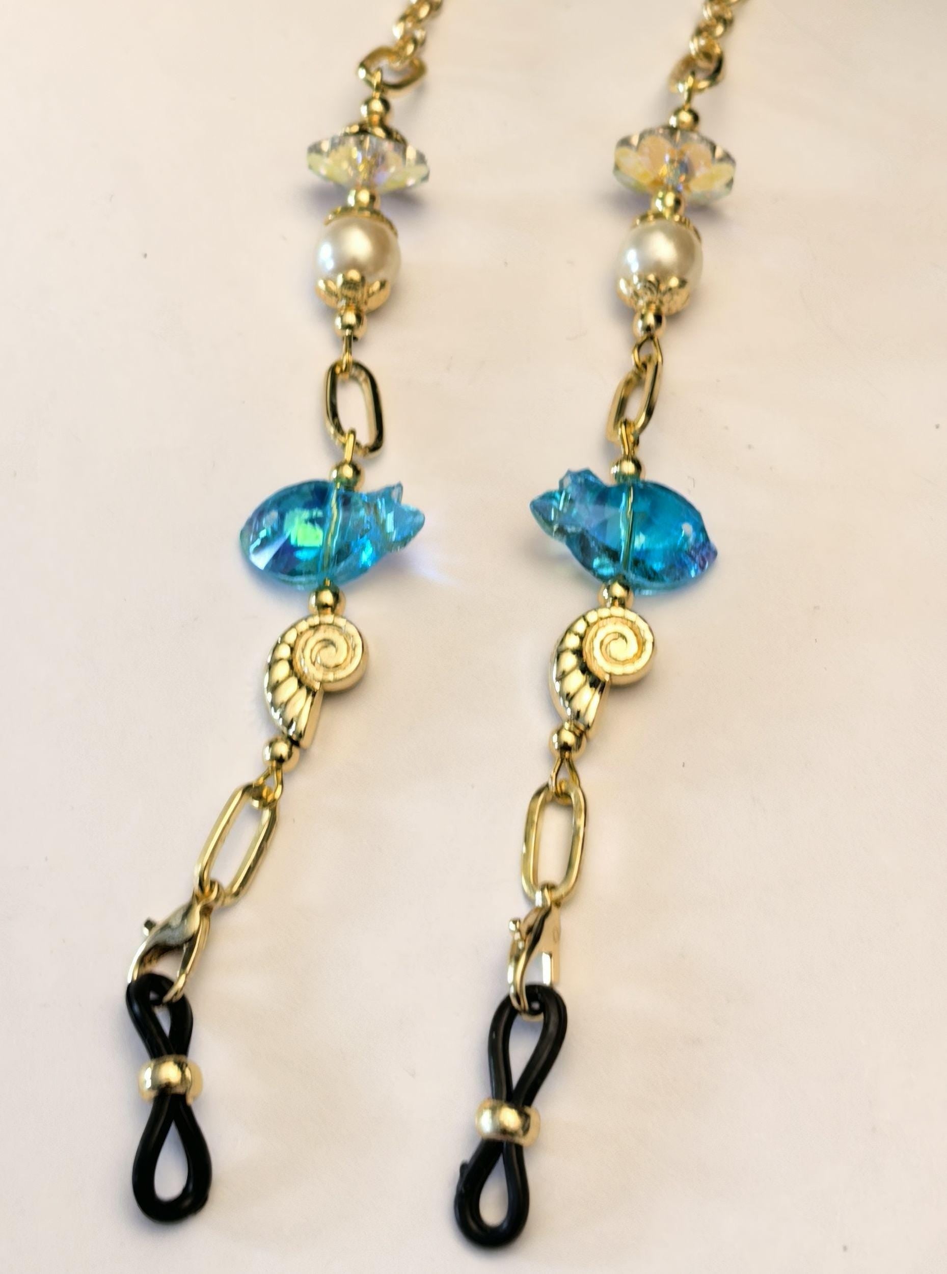 Glasses Chain – Blue Crystal Fish with Pearl & Gold Plated Accents – Power Stones Collection