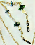 Glasses Chain – Gold Plated with Green Crystal Beads, Pearls & Fish Charm – ThinBlack® Ocean Edition