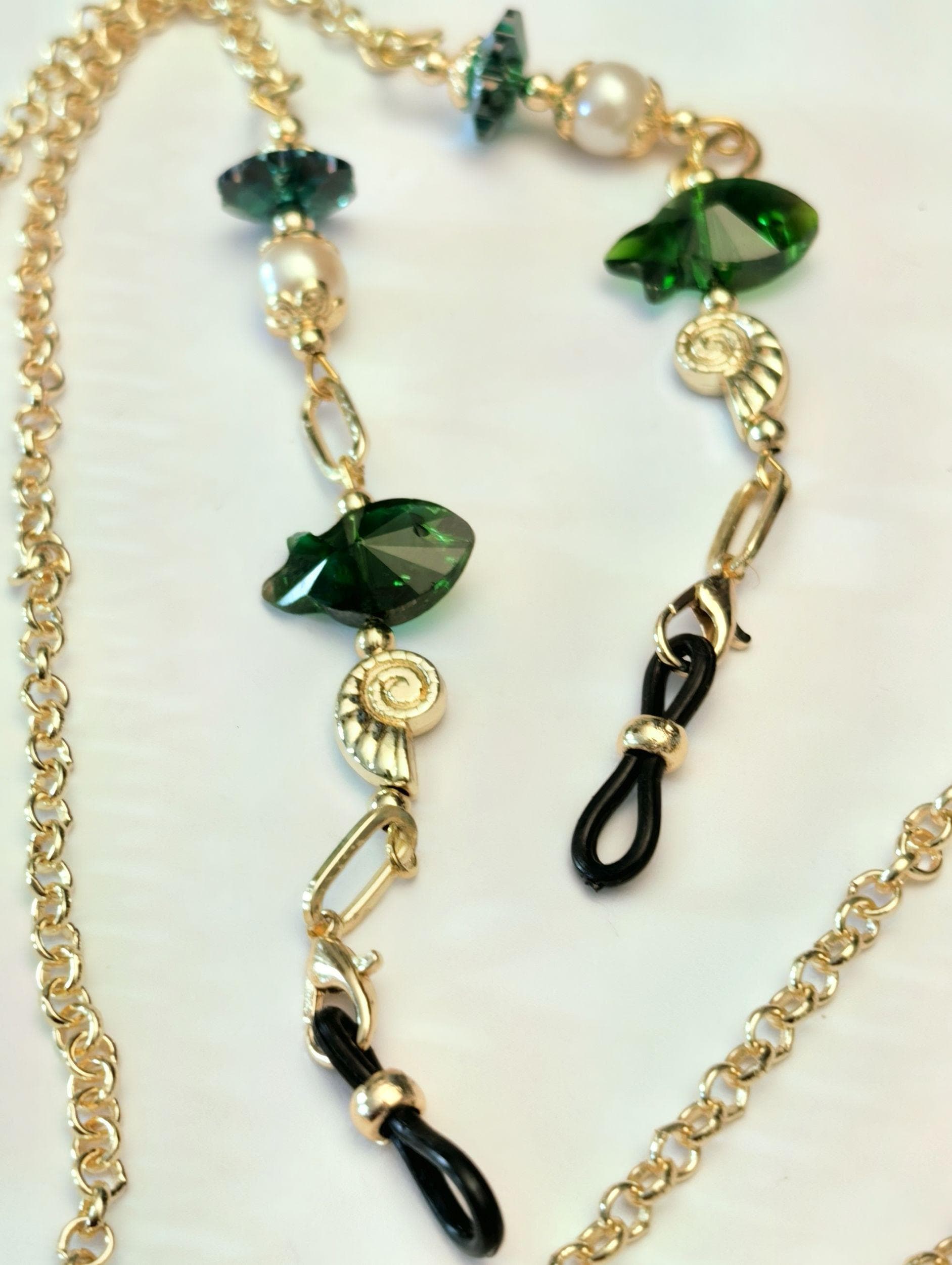 Glasses Chain – Gold Plated with Green Crystal Beads, Pearls & Fish Charm – ThinBlack® Ocean Edition