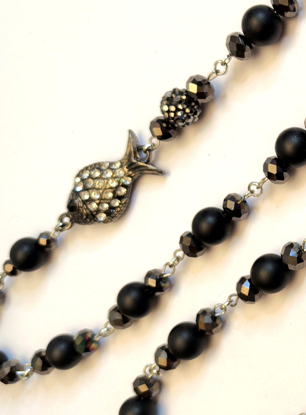 Necklace – Long Handmade Onyx with Fish Talisman & Zircon Stone – ThinBlack® Mystic Edition