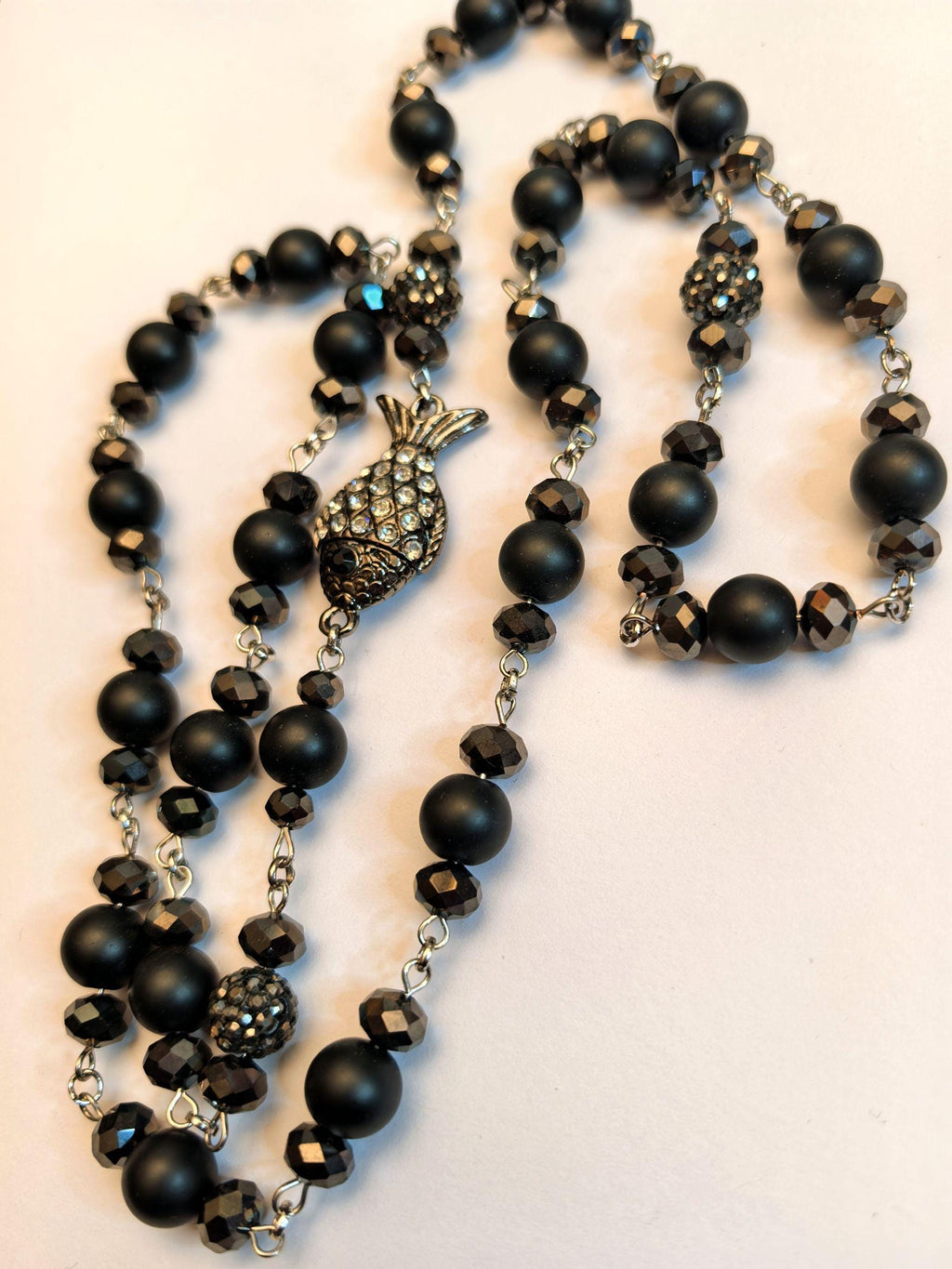 Necklace – Long Handmade Onyx with Fish Talisman & Zircon Stone – ThinBlack® Mystic Edition