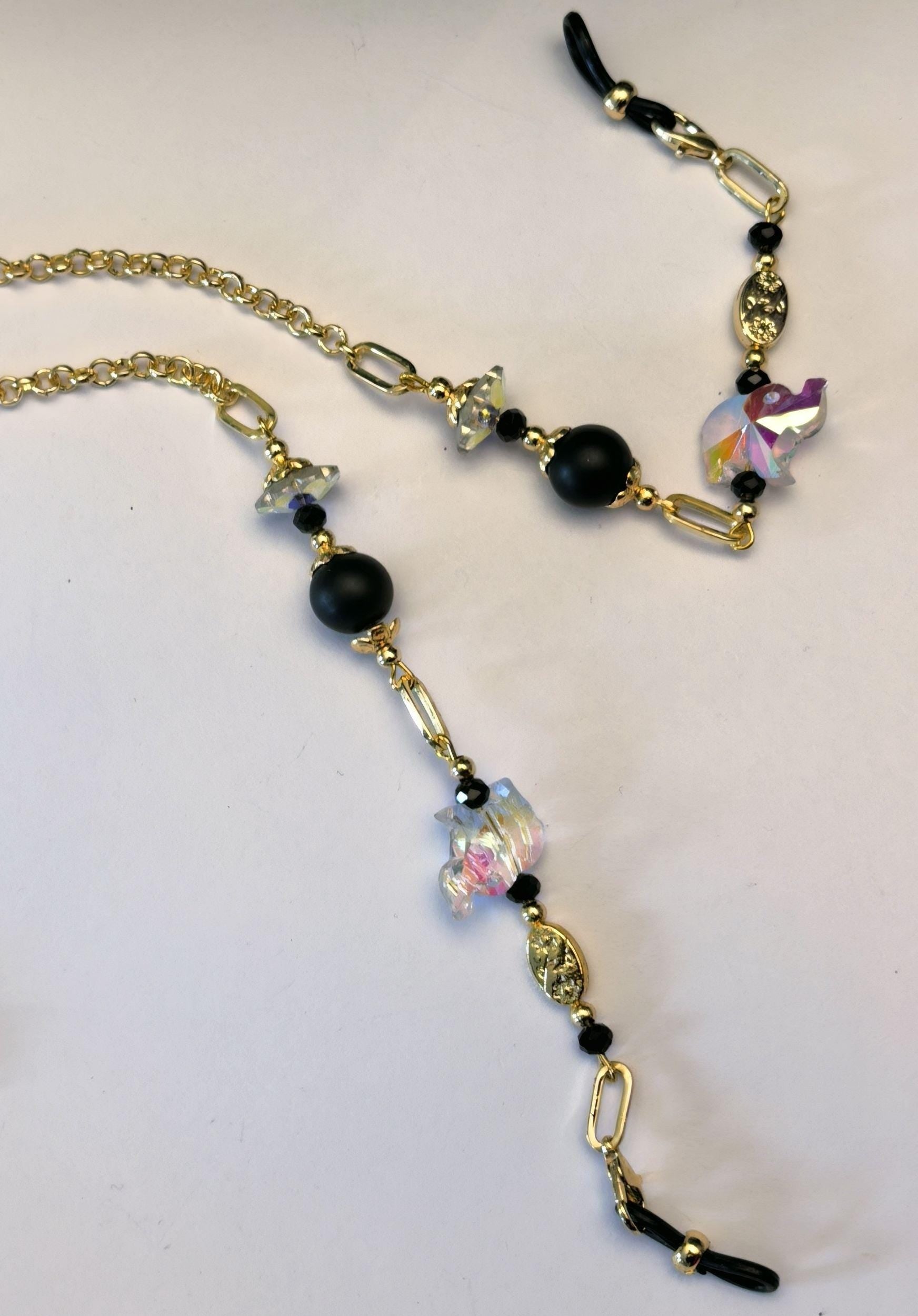 Glasses Chain – Handmade Onyx & Crystal with Elephant Talisman – Gold Plated – ThinBlack® Symbolic Edition