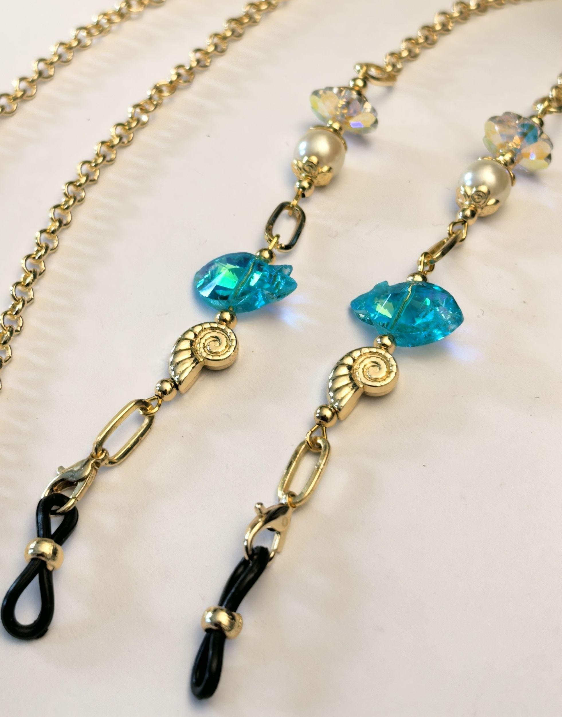 Glasses Chain – Blue Crystal Fish with Pearl & Gold Plated Accents – Power Stones Collection