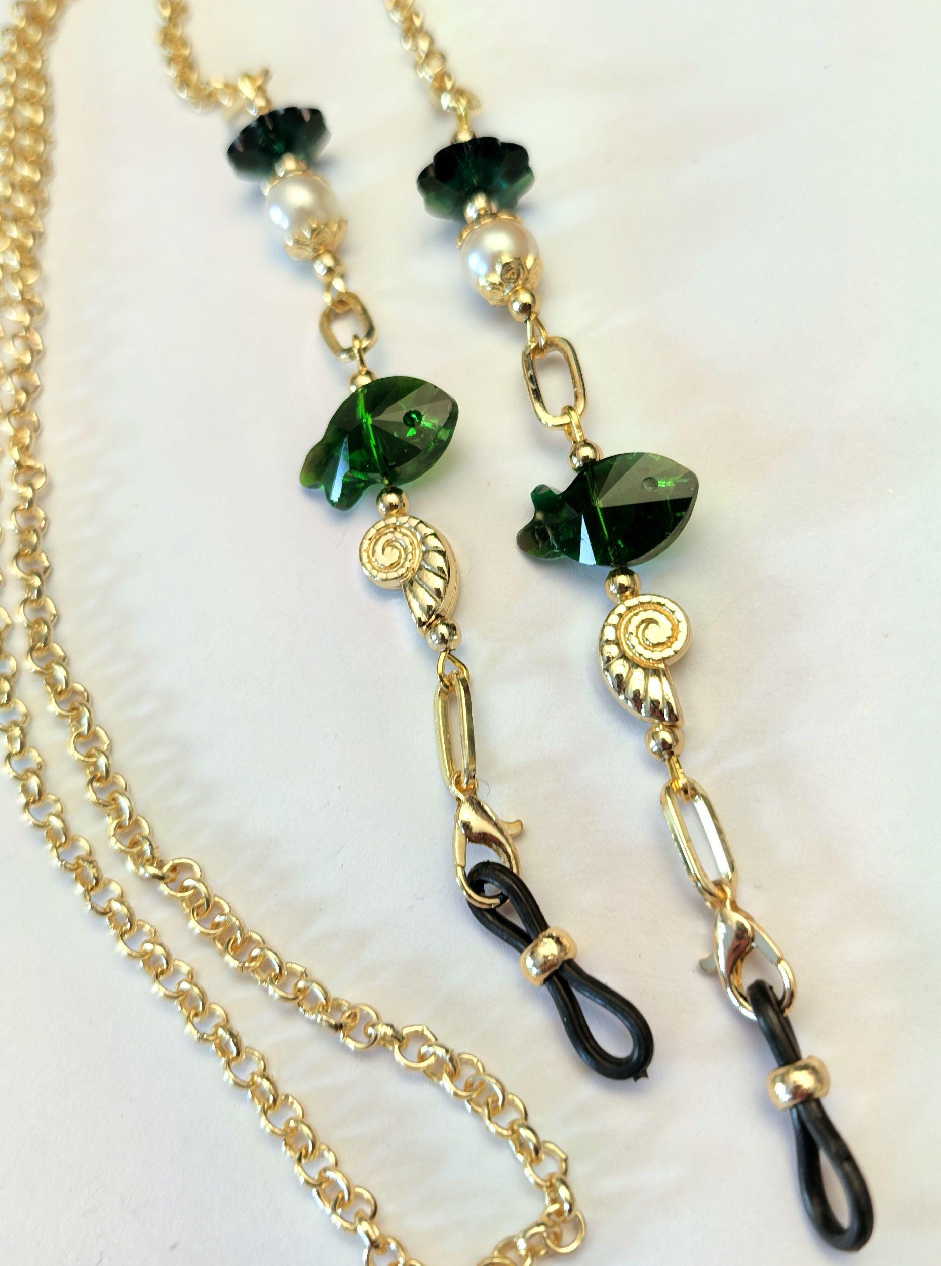 Glasses Chain – Gold Plated with Green Crystal Beads, Pearls & Fish Charm – ThinBlack® Ocean Edition