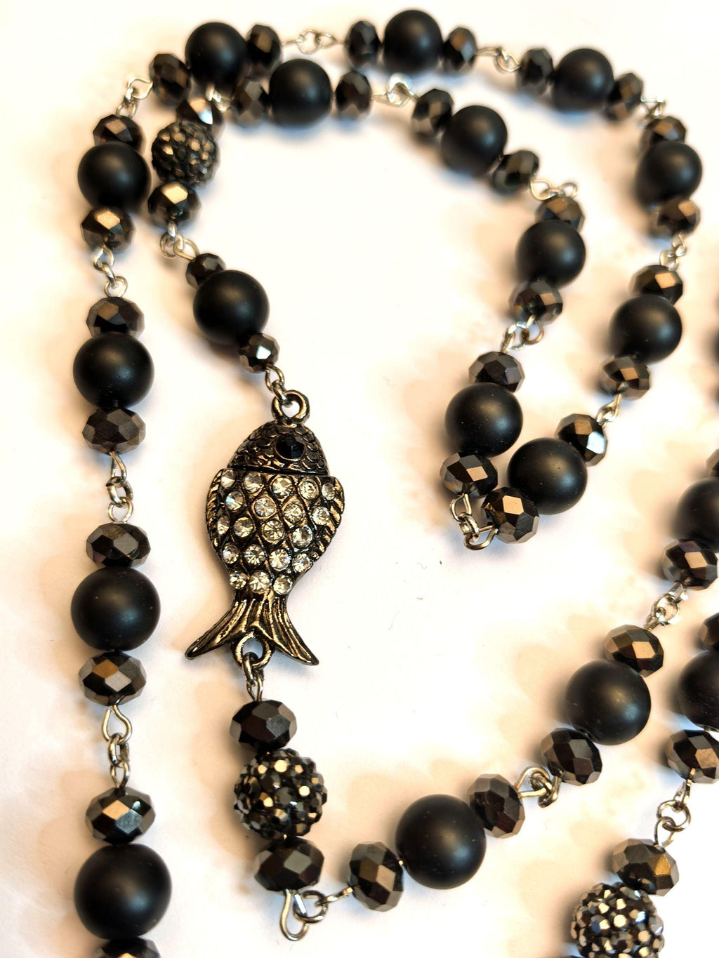 Necklace – Long Handmade Onyx with Fish Talisman & Zircon Stone – ThinBlack® Mystic Edition