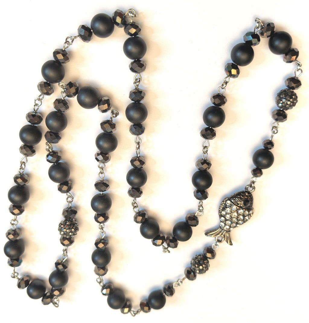 Necklace – Long Handmade Onyx with Fish Talisman & Zircon Stone – ThinBlack® Mystic Edition