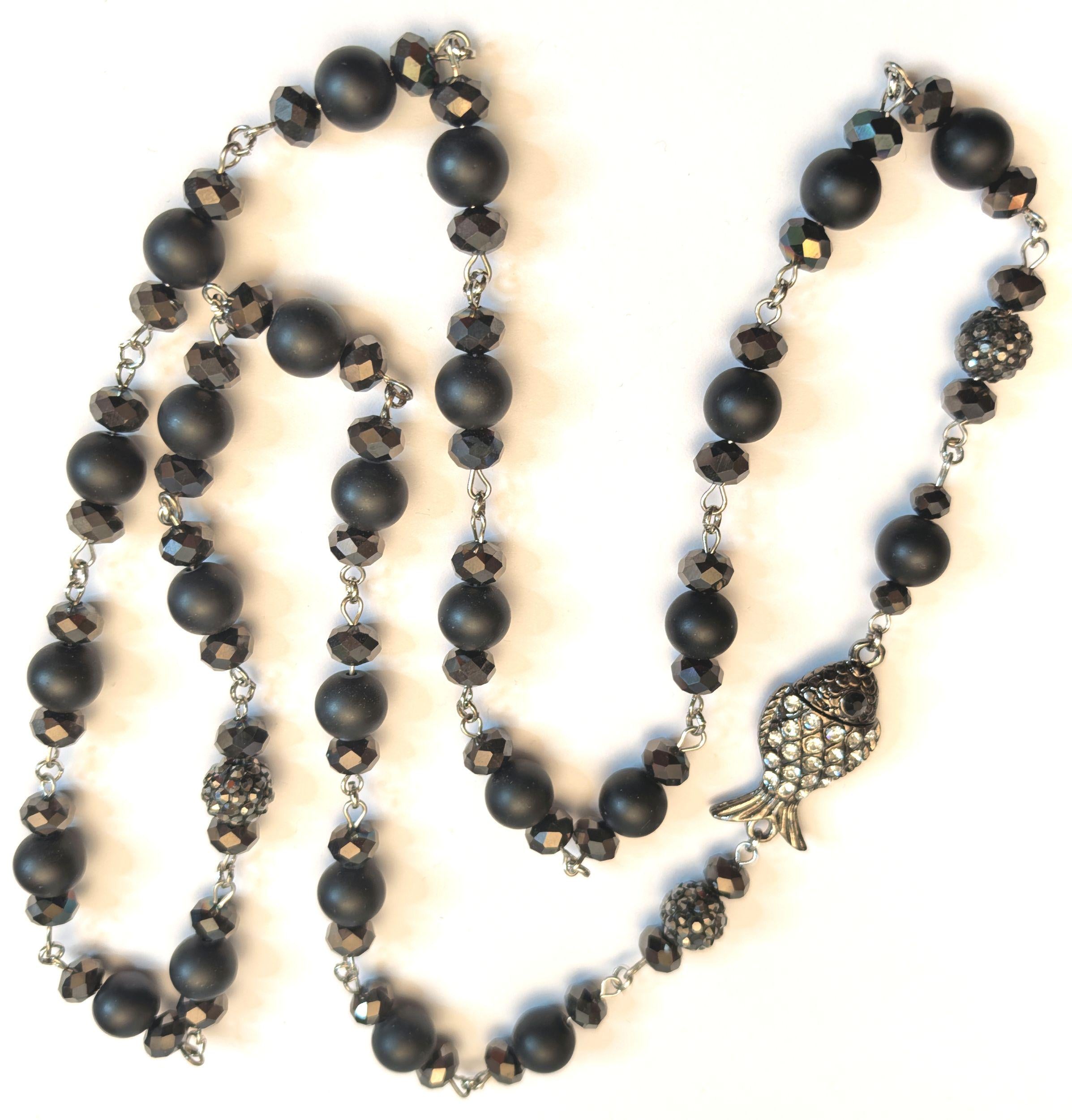 Necklace – Long Handmade Onyx with Fish Talisman & Zircon Stone – ThinBlack® Mystic Edition