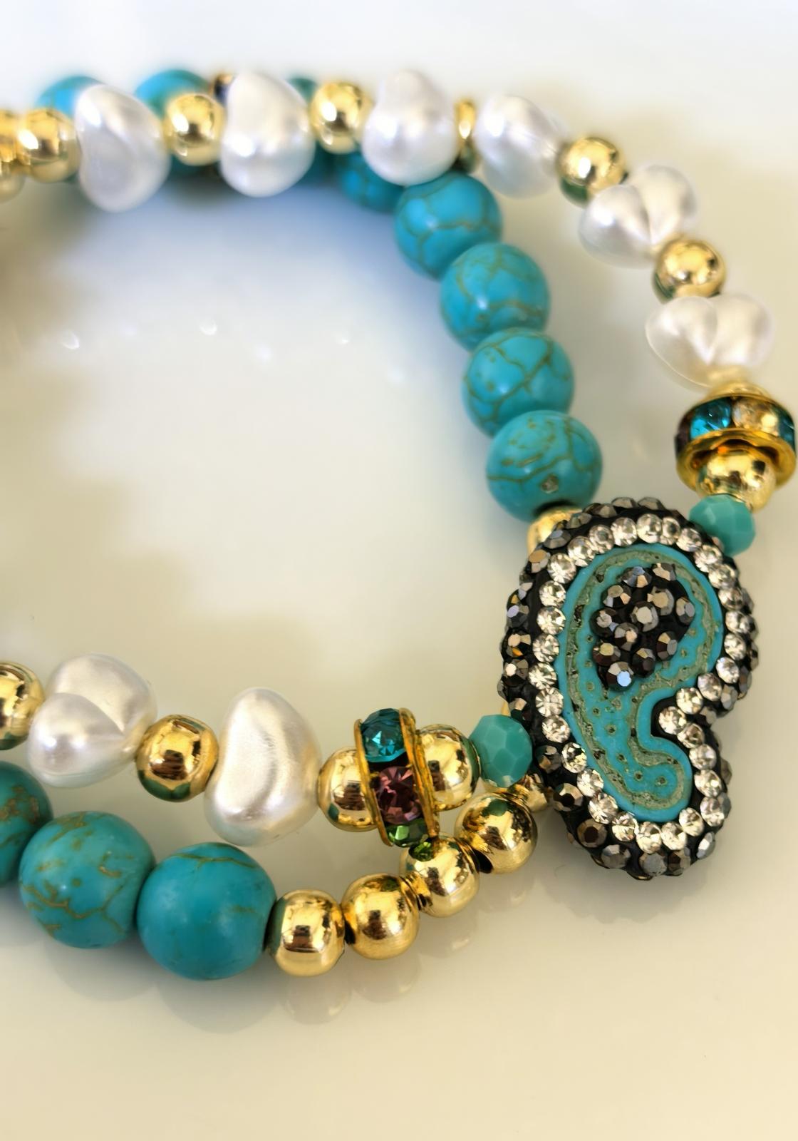 Bracelet – Leo Zodiac Turquoise, Pearl & Gold Talisman – ThinBlack® Zodiac Collection