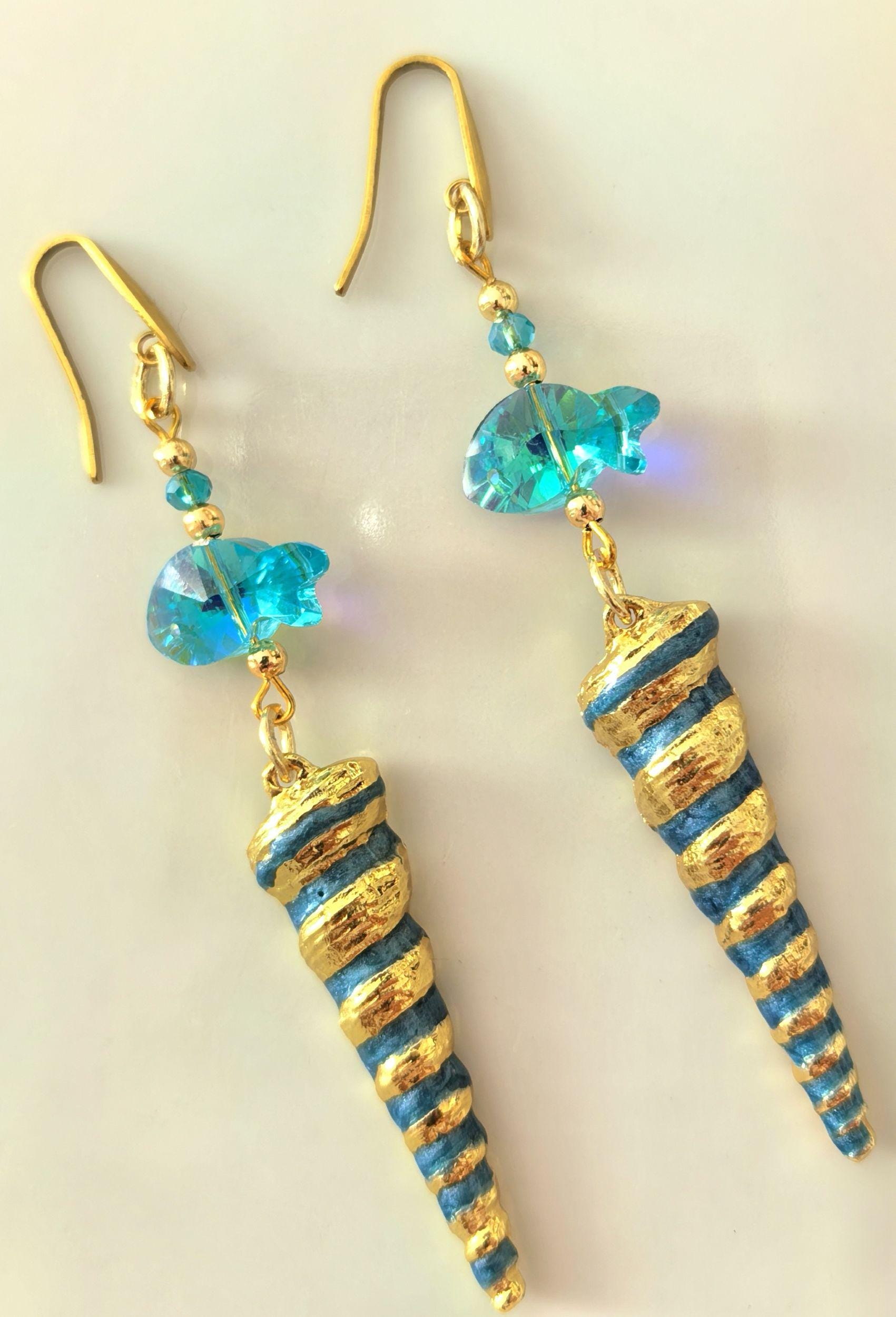 Earrings – Dangling Fish & Seashell Charms – ThinBlack® Ocean Edition