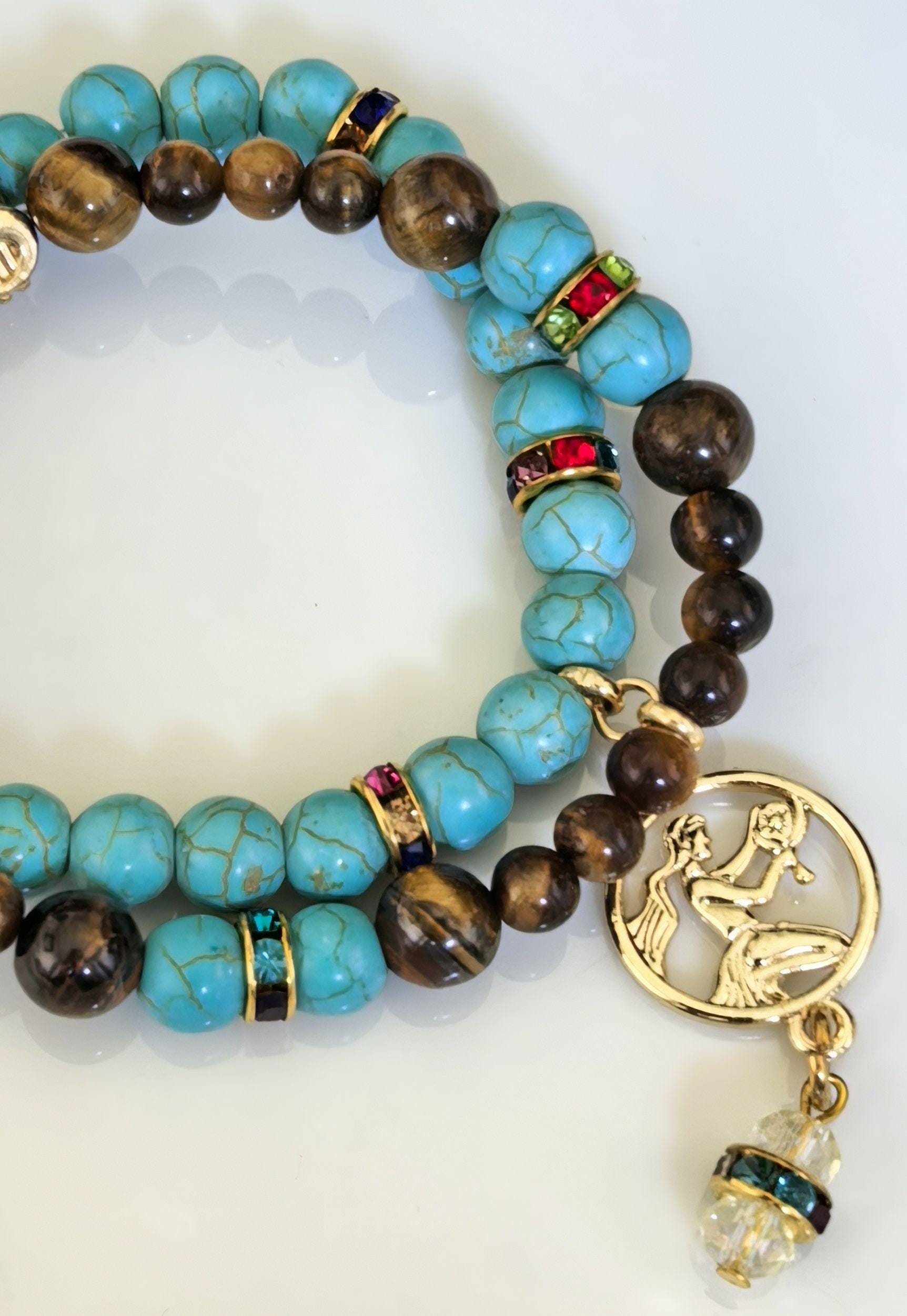 Bracelet – Virgo Birthstone Tiger Eye & Turquoise Beads – ThinBlack® Zodiac Collection