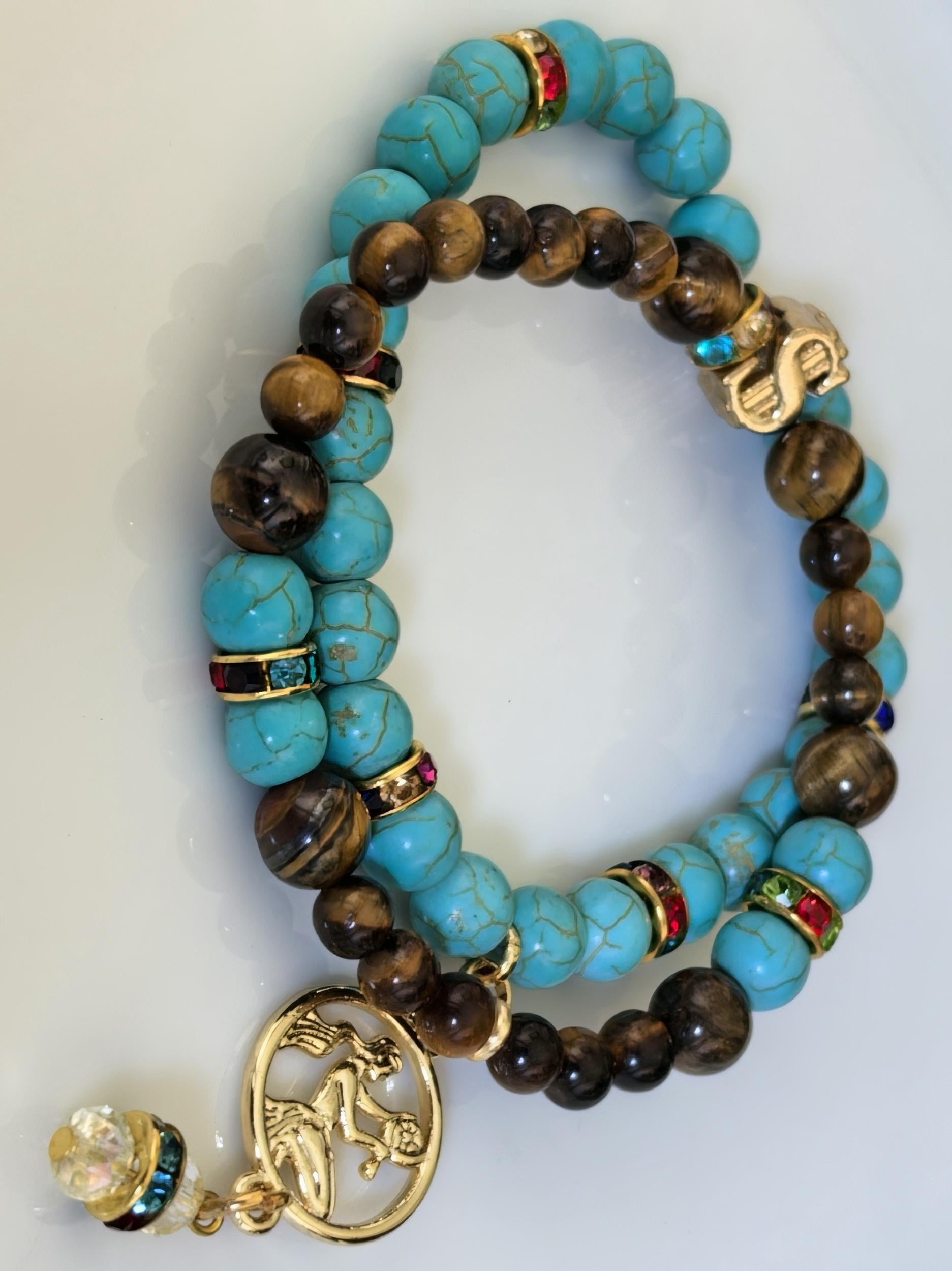 Bracelet – Virgo Birthstone Tiger Eye & Turquoise Beads – ThinBlack® Zodiac Collection