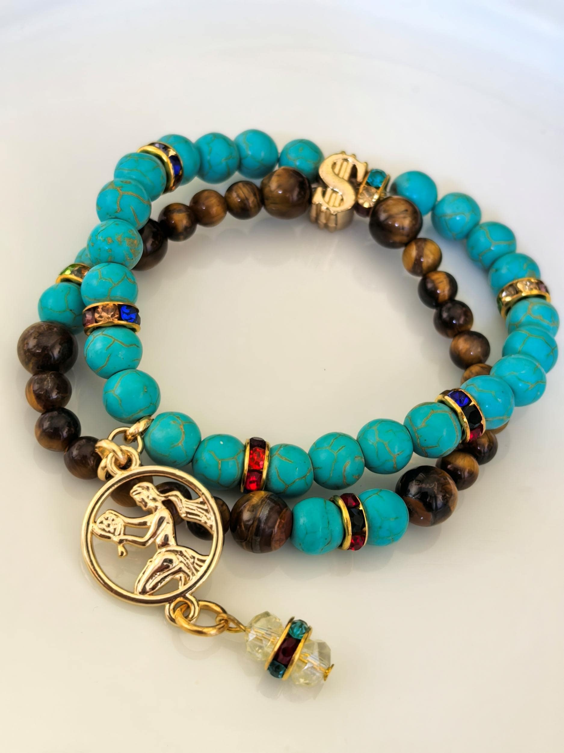 Bracelet – Virgo Birthstone Tiger Eye & Turquoise Beads – ThinBlack® Zodiac Collection