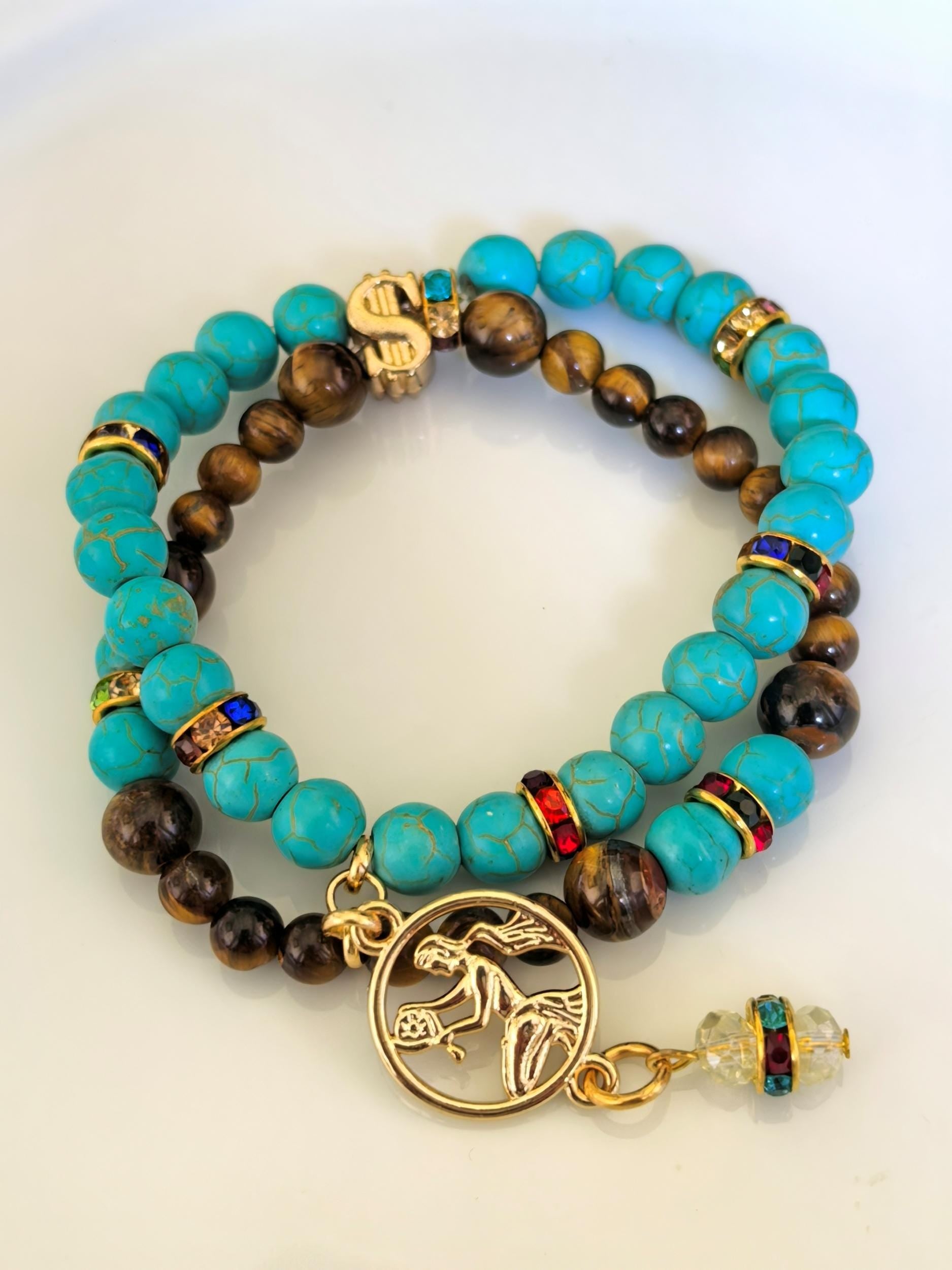 Bracelet – Virgo Birthstone Tiger Eye & Turquoise Beads – ThinBlack® Zodiac Collection