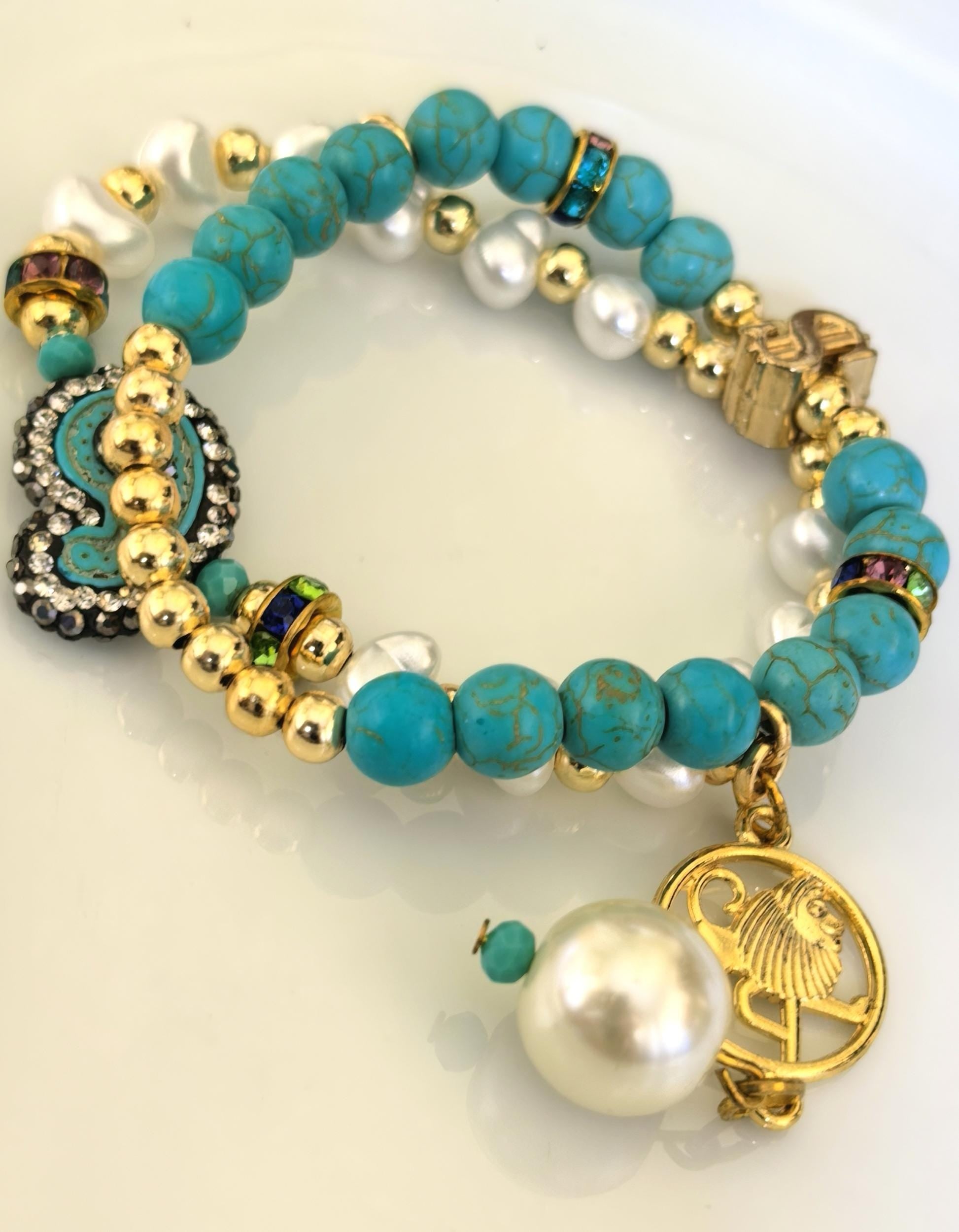 Bracelet – Leo Zodiac Turquoise, Pearl & Gold Talisman – ThinBlack® Zodiac Collection