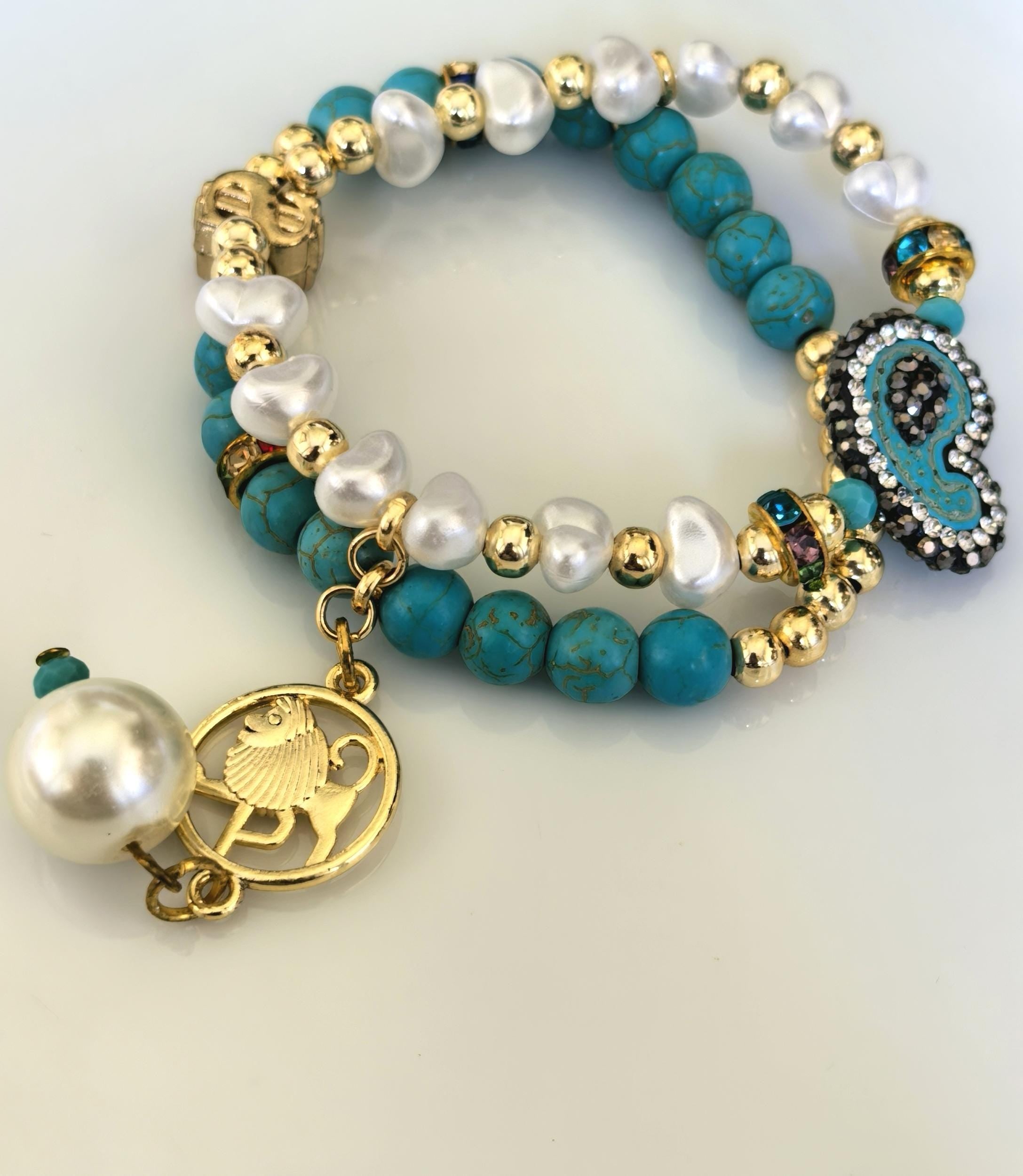Bracelet – Leo Zodiac Turquoise, Pearl & Gold Talisman – ThinBlack® Zodiac Collection