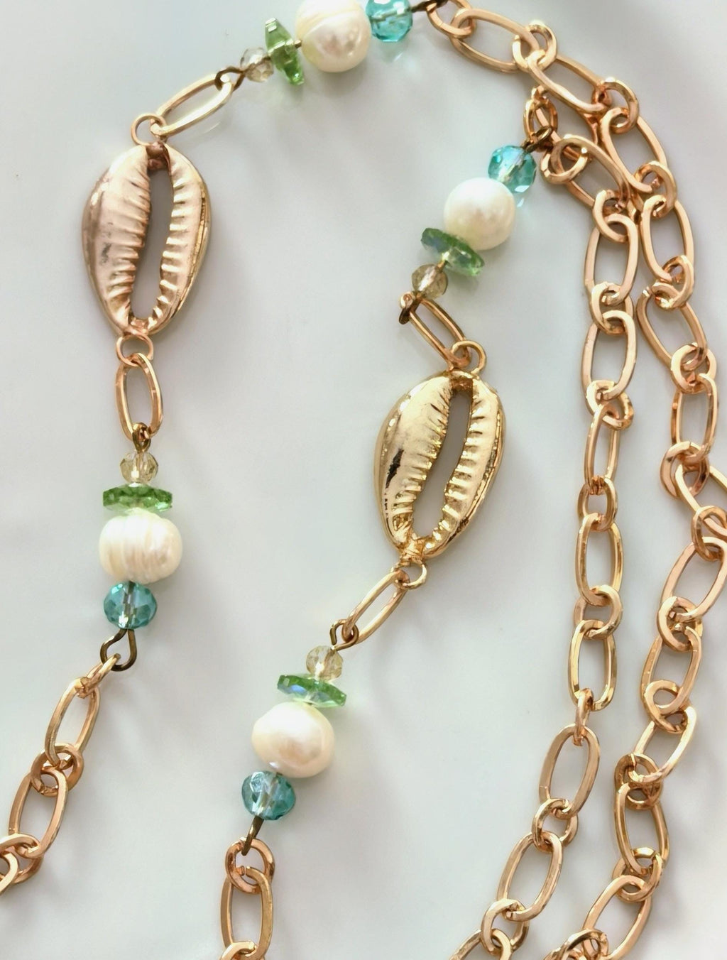 Eyeglass chain, real pearl mussel shell rose colored chain