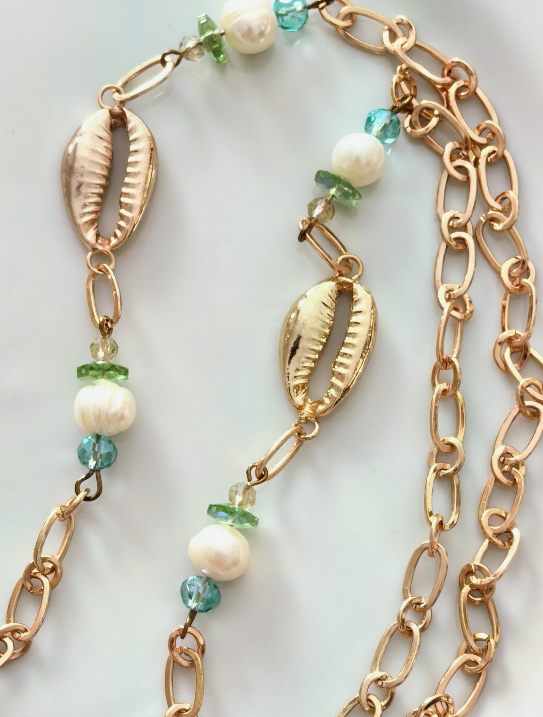 Eyeglass chain, real pearl mussel shell rose colored chain