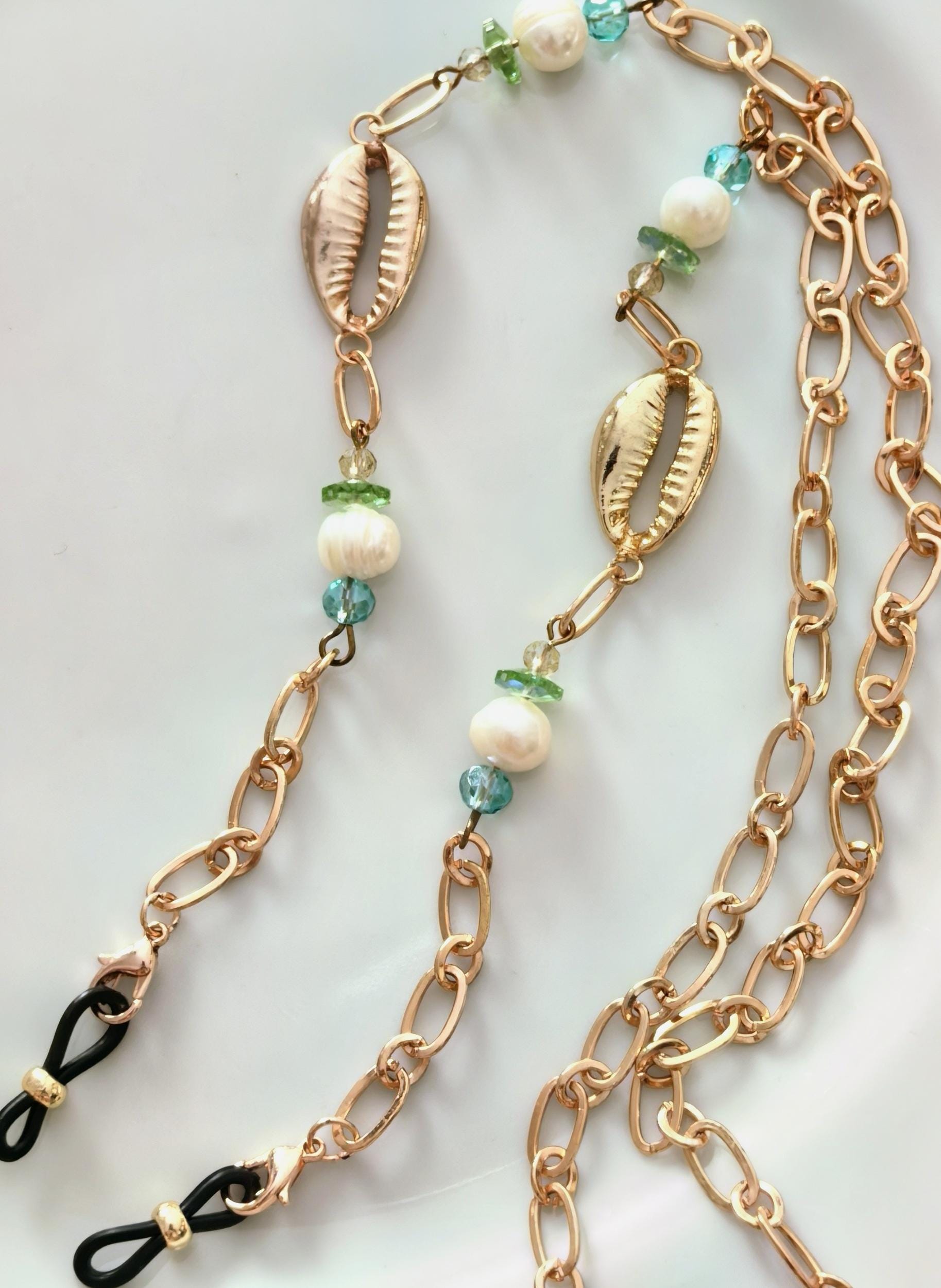 Eyeglass chain, real pearl mussel shell rose colored chain