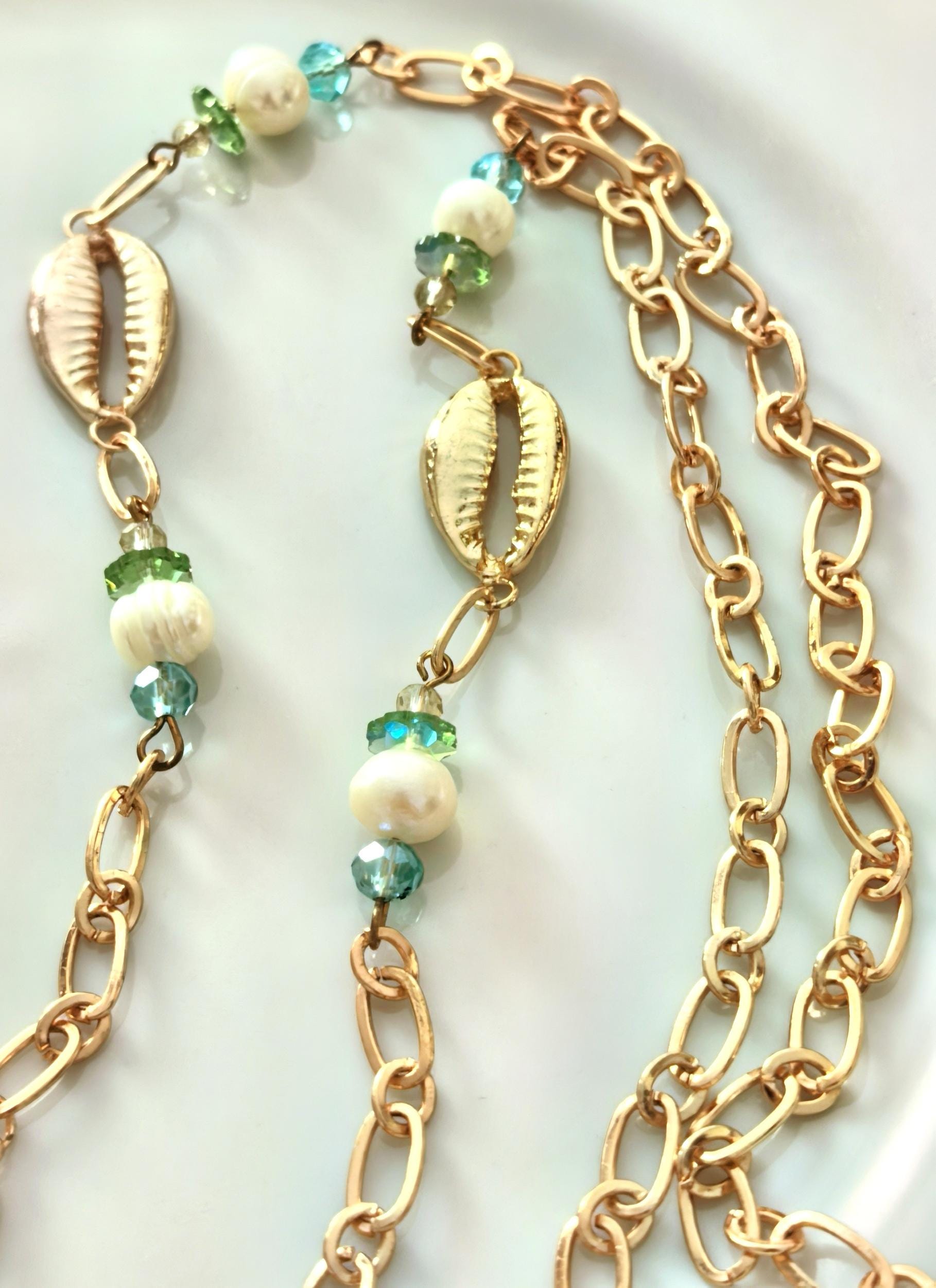 Eyeglass chain, real pearl mussel shell rose colored chain