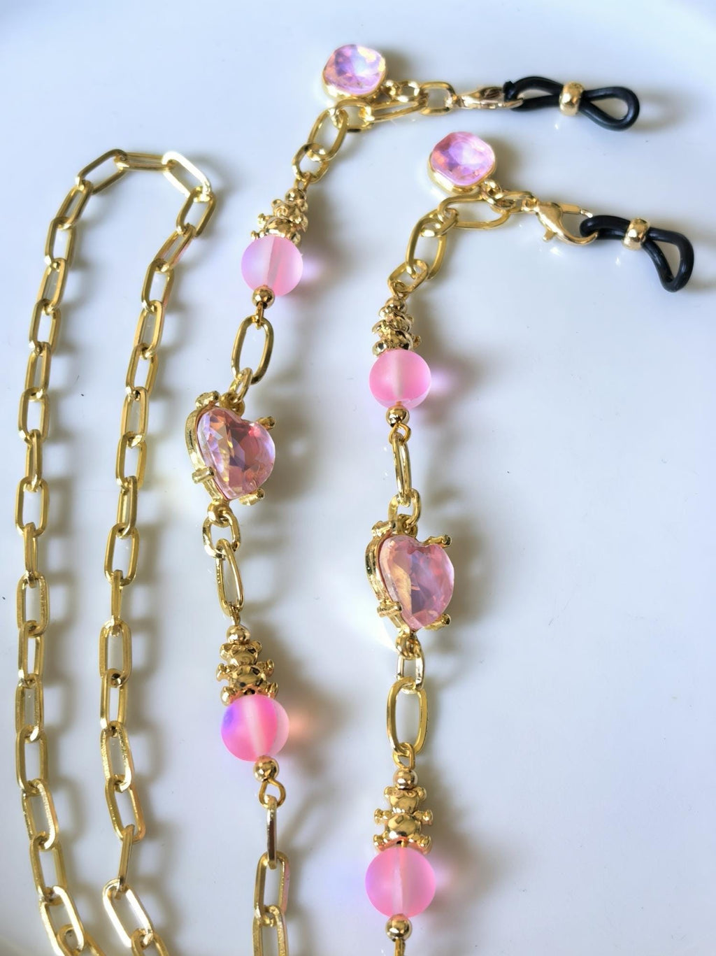 Glasses Chain – Heart Charm Accessory, Gold Plated with Pink Iridescent Stones