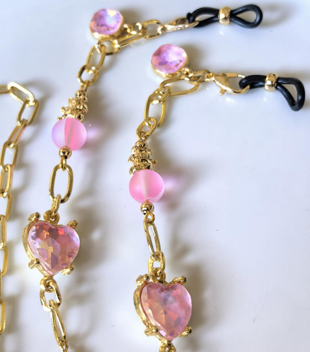 Glasses Chain – Heart Charm Accessory, Gold Plated with Pink Iridescent Stones