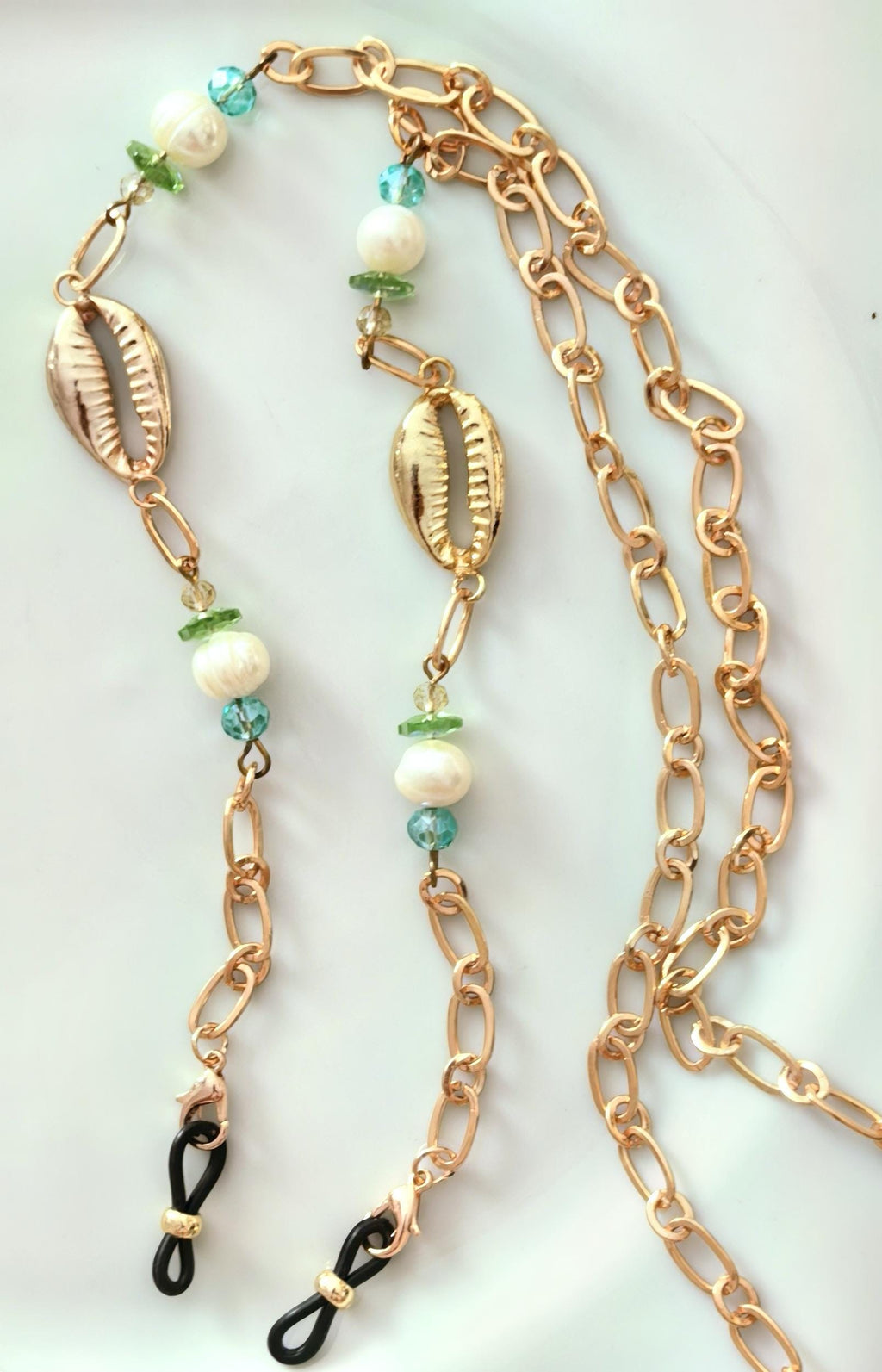 Eyeglass chain, real pearl mussel shell rose colored chain