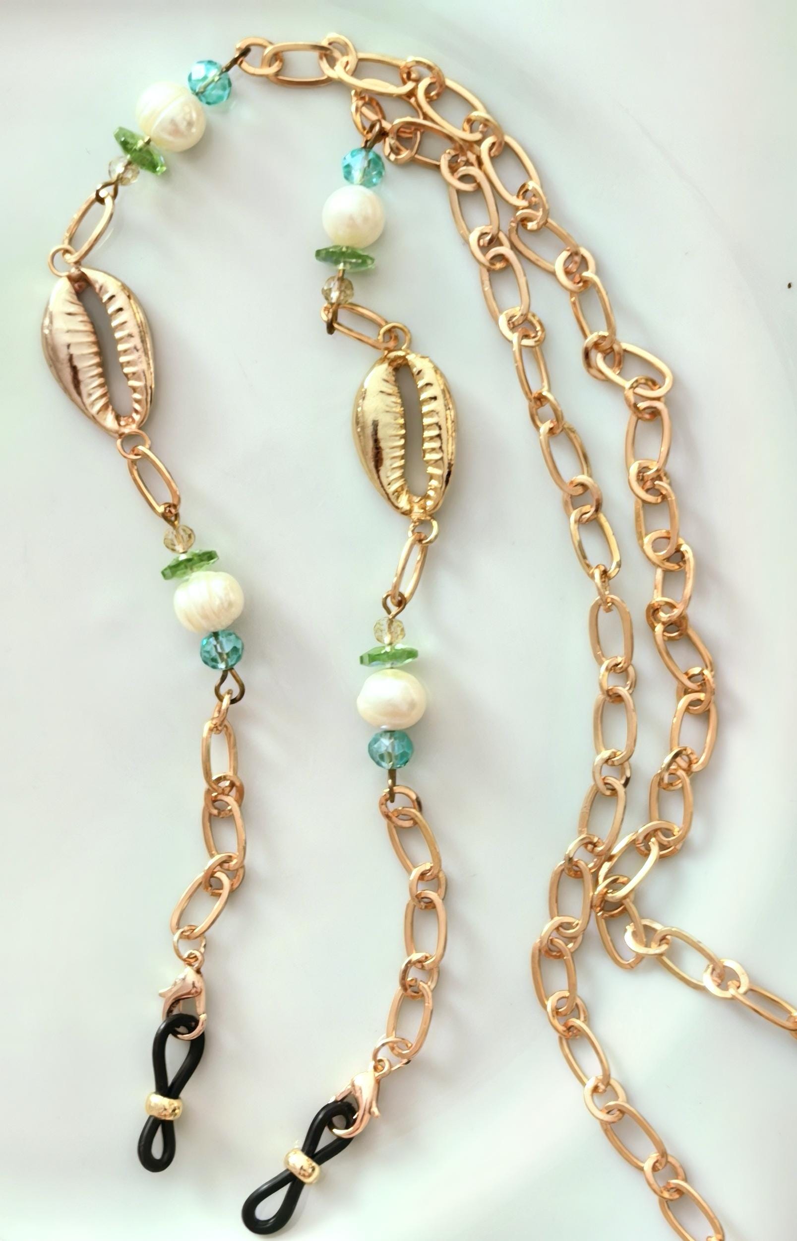 Eyeglass chain, real pearl mussel shell rose colored chain