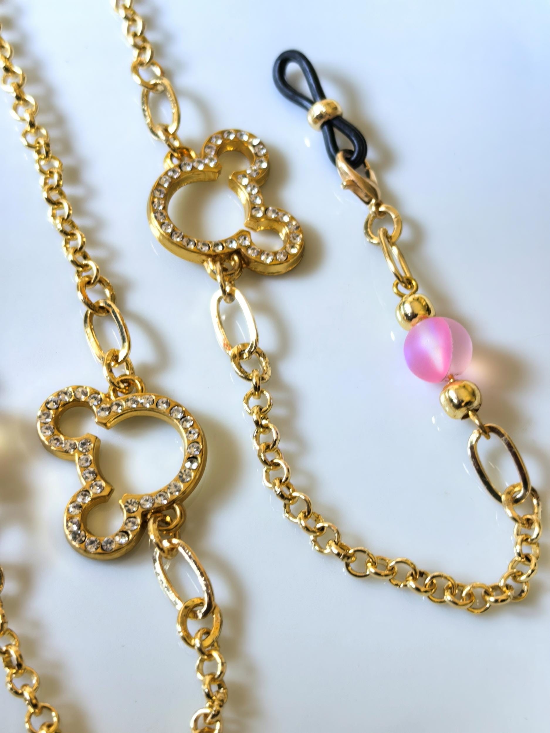 Eyeglass chain, natural stone, zircon stone, teddy bear figure