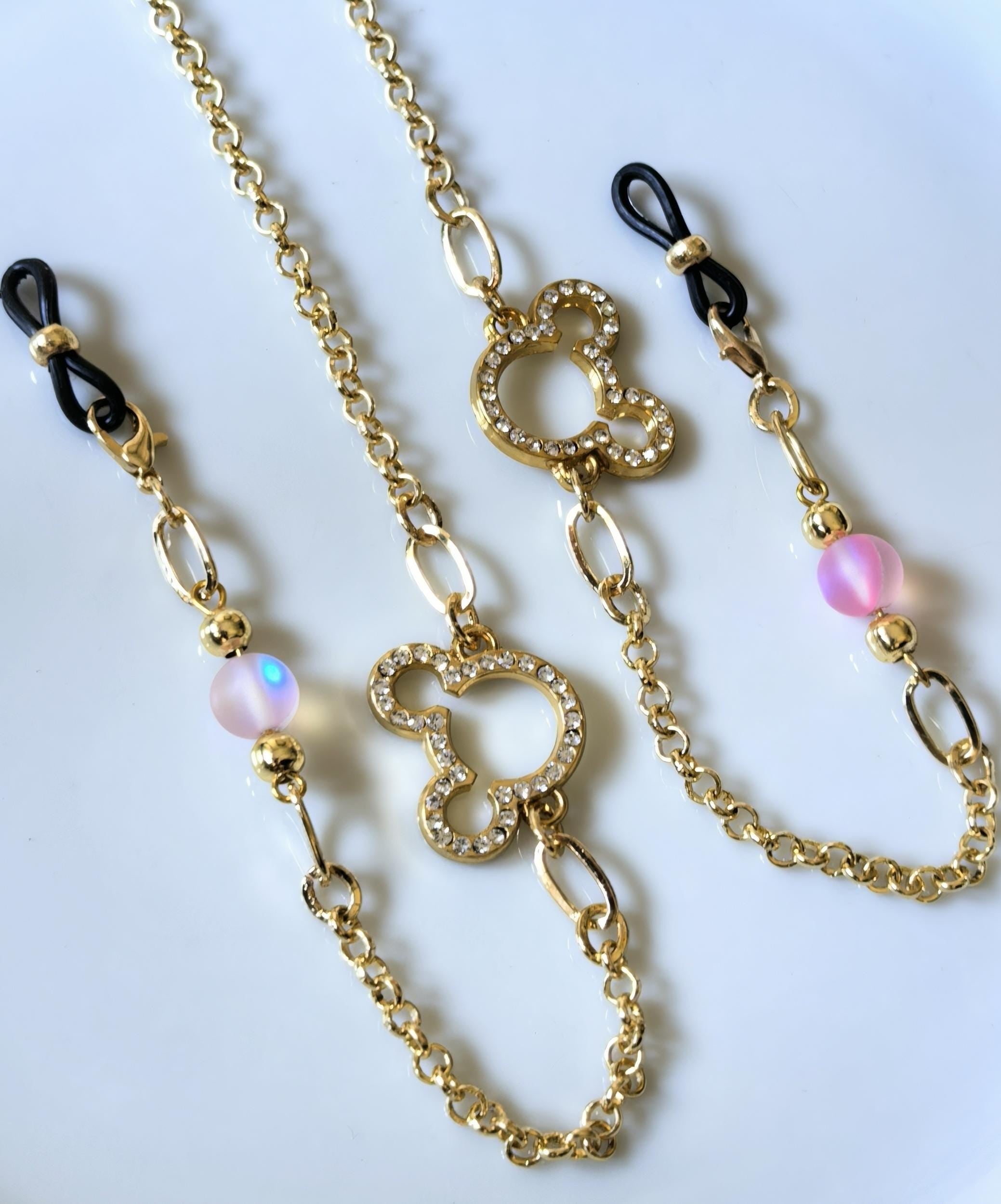 Eyeglass chain, natural stone, zircon stone, teddy bear figure