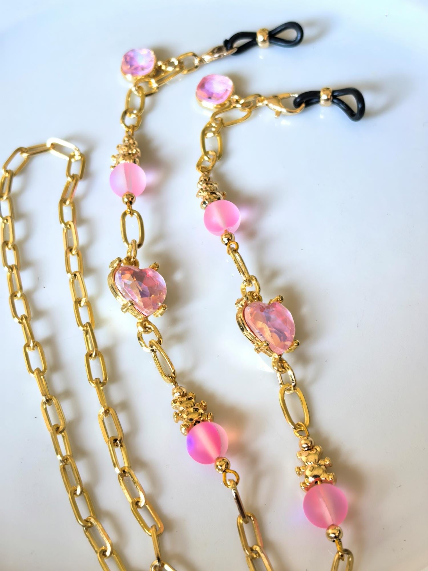 Glasses Chain – Heart Charm Accessory, Gold Plated with Pink Iridescent Stones